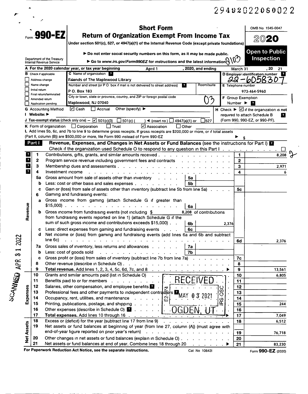 Image of first page of 2020 Form 990EZ for Friends of the Maplewood Memorial Library