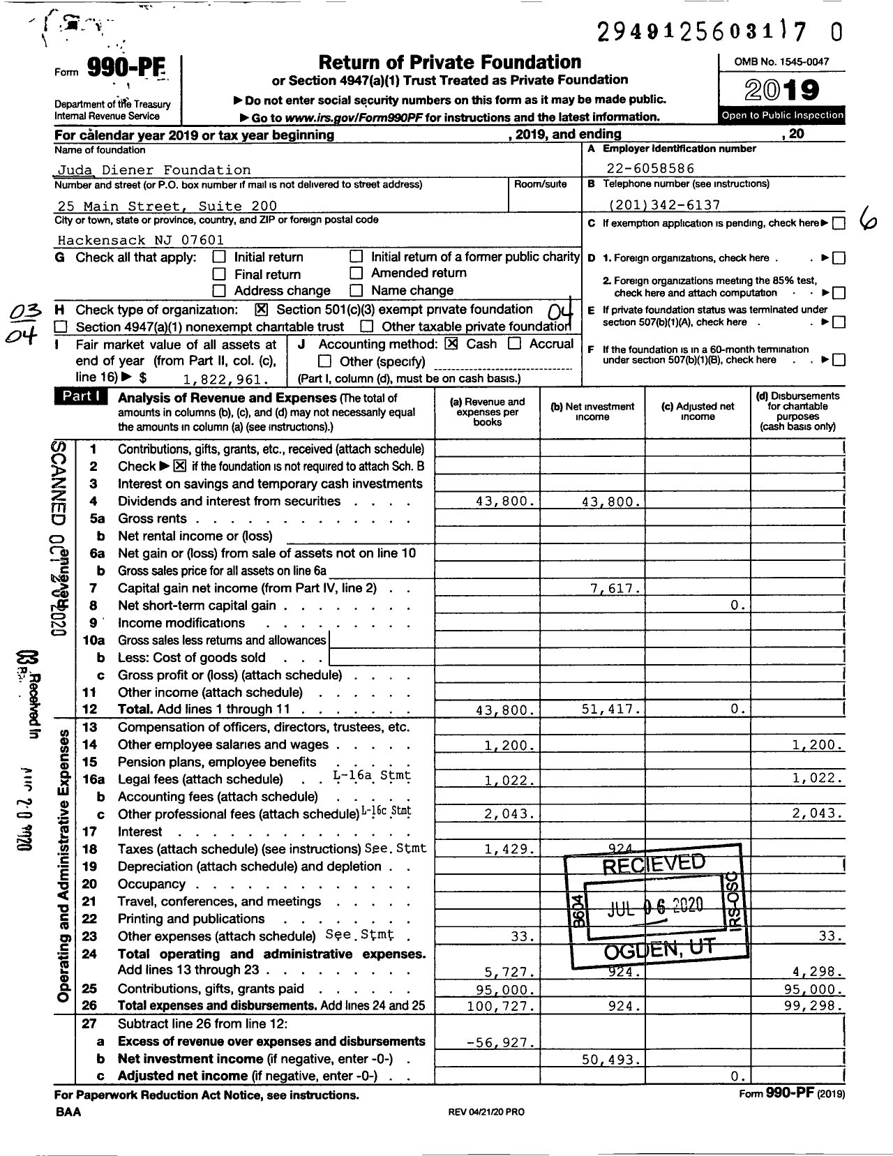 Image of first page of 2019 Form 990PR for Juda Diener Foundation