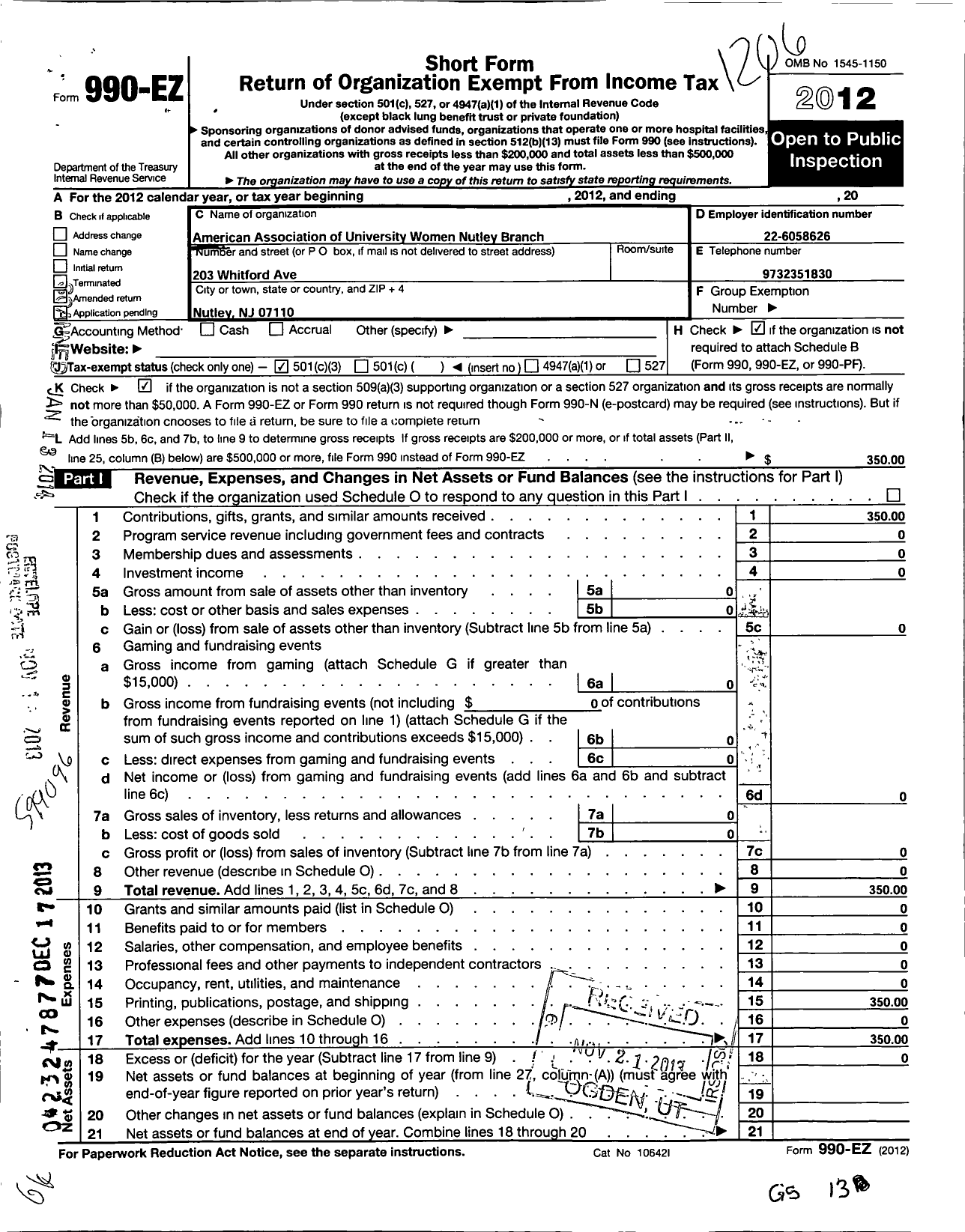 Image of first page of 2011 Form 990EZ for American Association of University Women / Nutley Branch