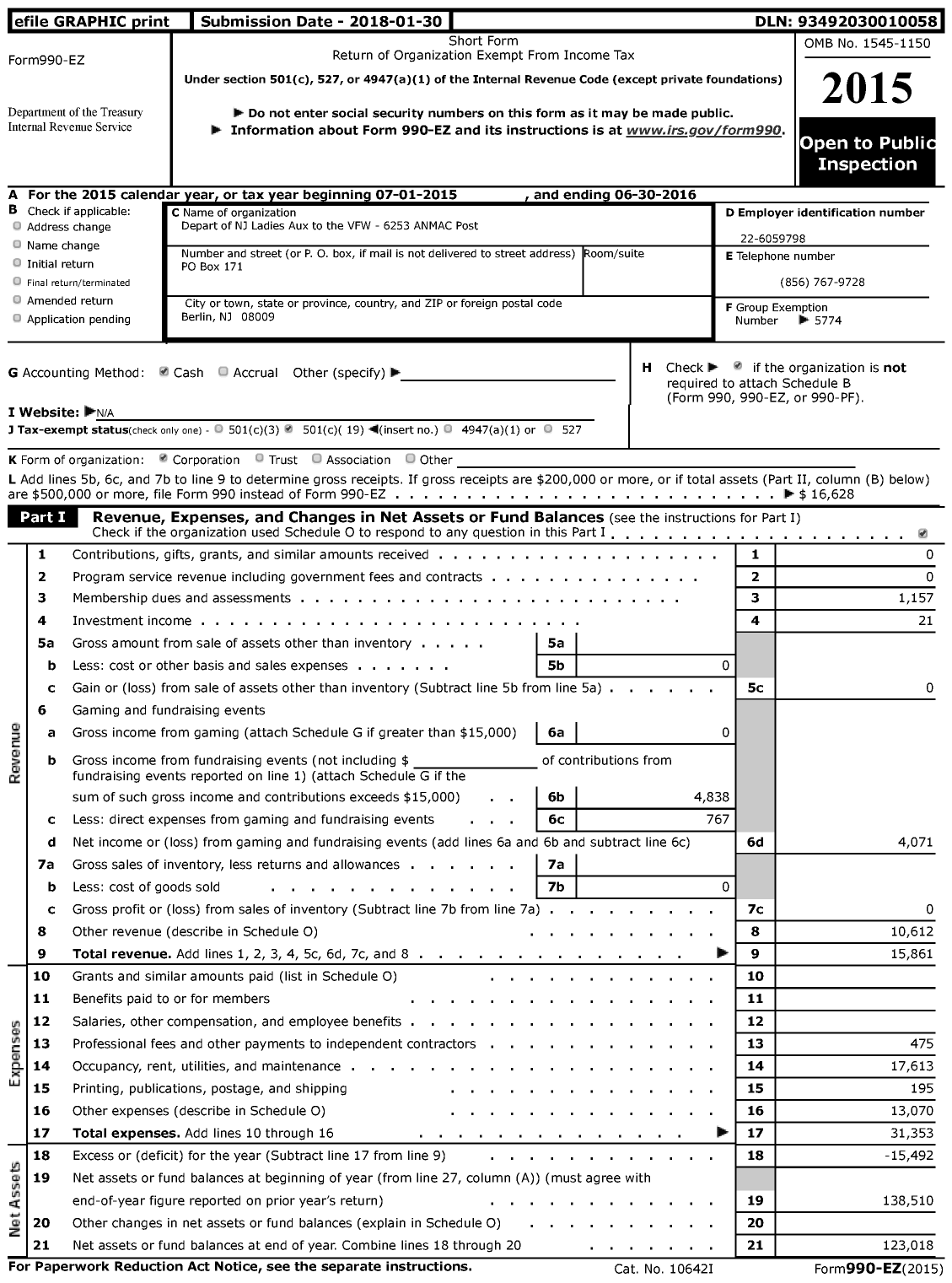 Image of first page of 2015 Form 990EZ for Department of New Jersey VFW - 6253 ANMAC Post