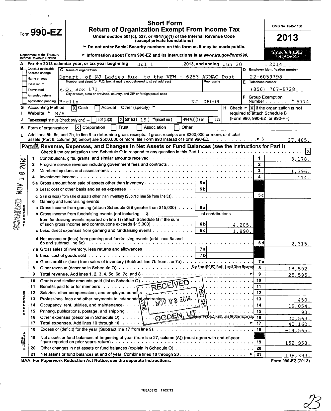 Image of first page of 2013 Form 990EO for Department of New Jersey VFW - 6253 ANMAC Post