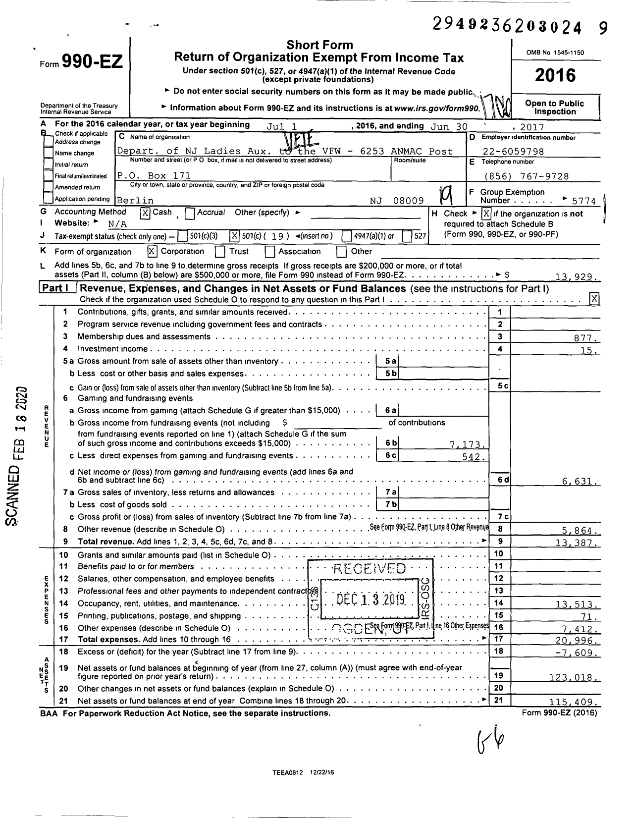 Image of first page of 2016 Form 990EO for Department of New Jersey VFW - 6253 ANMAC Post