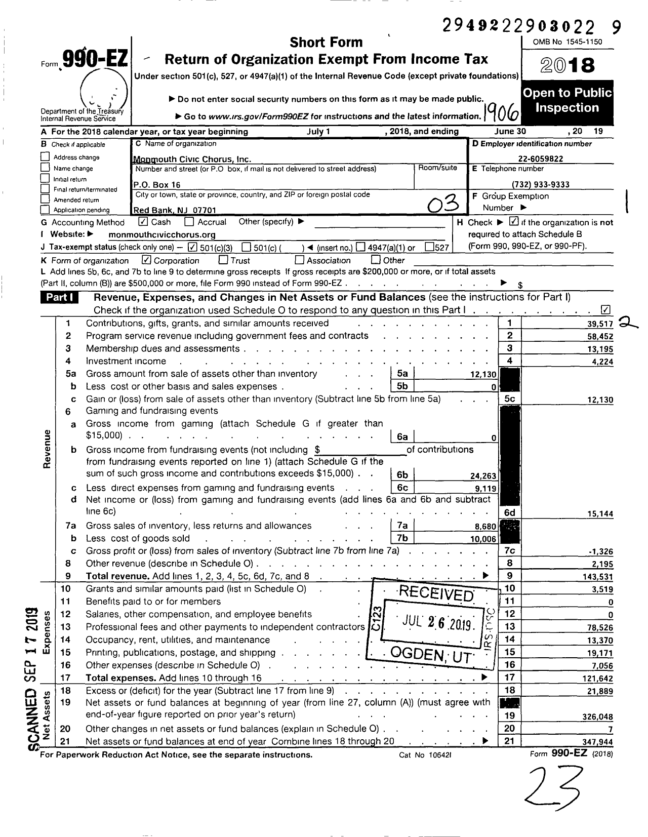 Image of first page of 2018 Form 990EZ for MONMOuTH CIVIC CHORUS