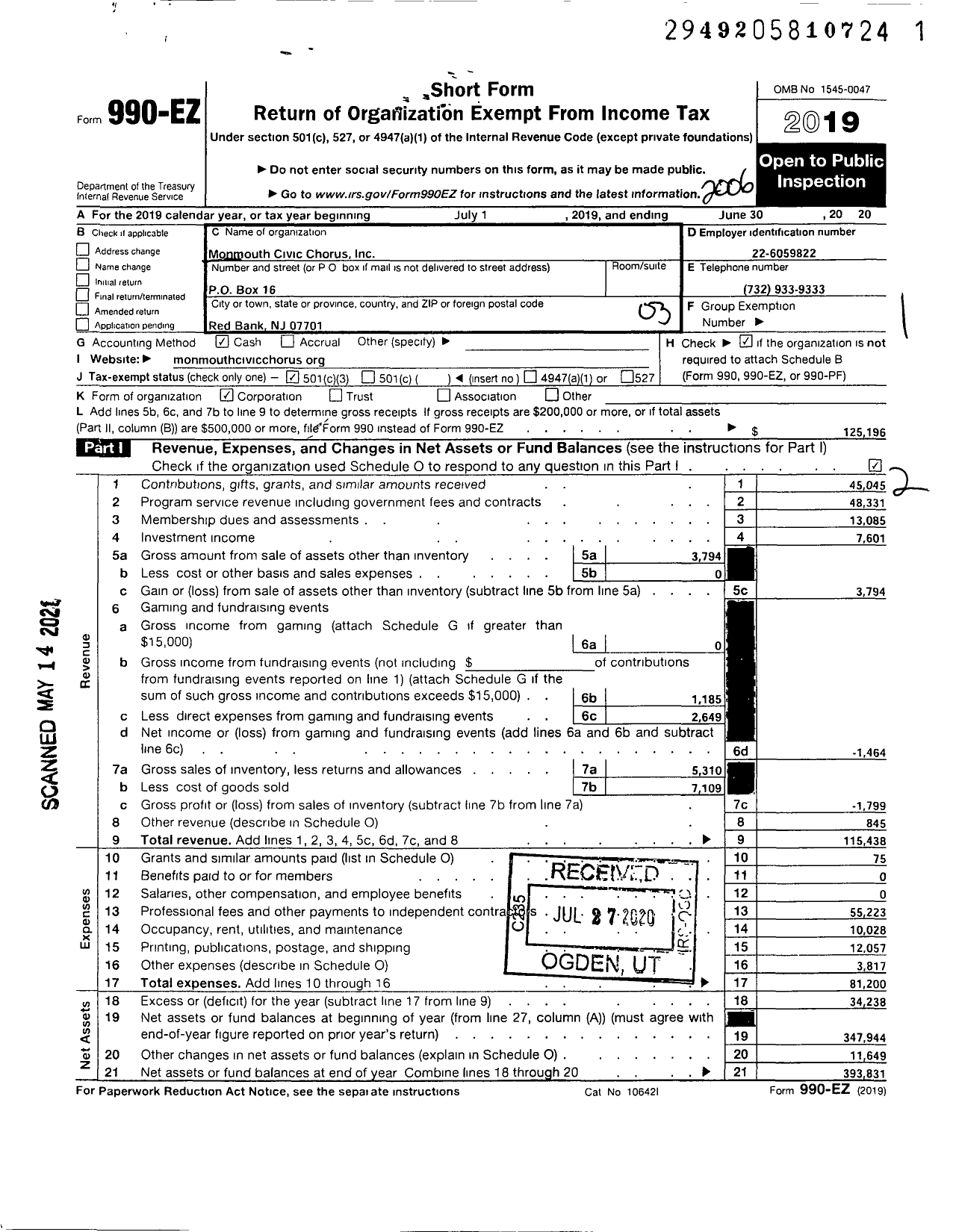 Image of first page of 2019 Form 990EZ for MONMOuTH CIVIC CHORUS