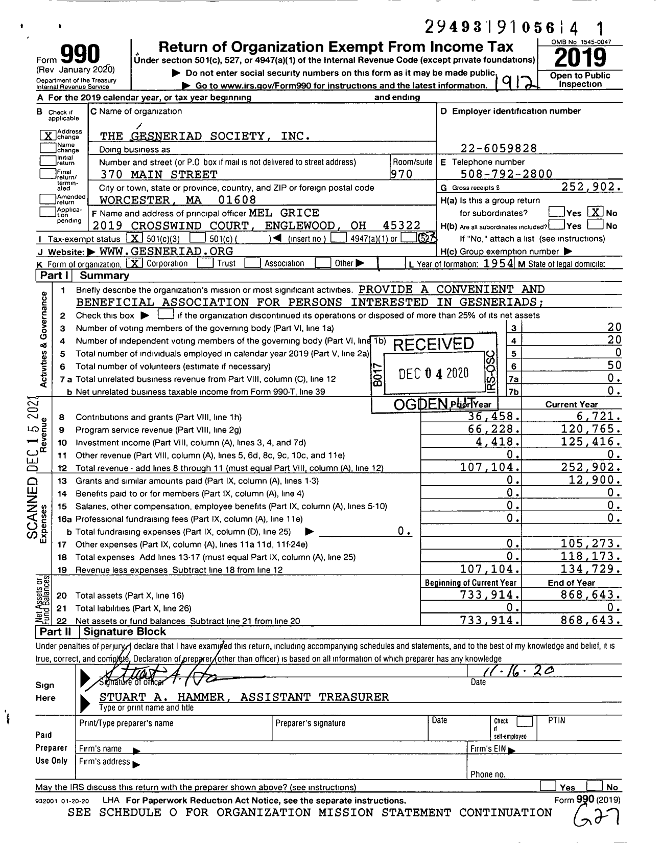 Image of first page of 2019 Form 990 for The Gesneriad Society