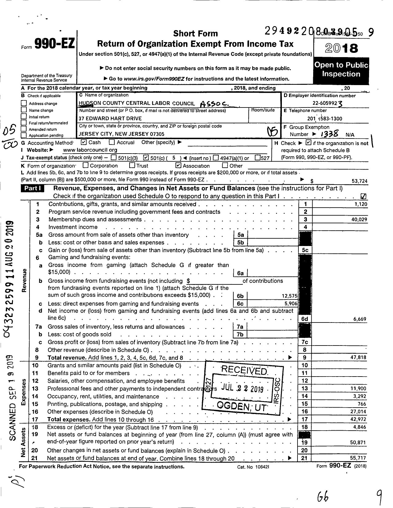 Image of first page of 2018 Form 990EO for AFL-CIO - Hudson County Central Labor AFL-CIO