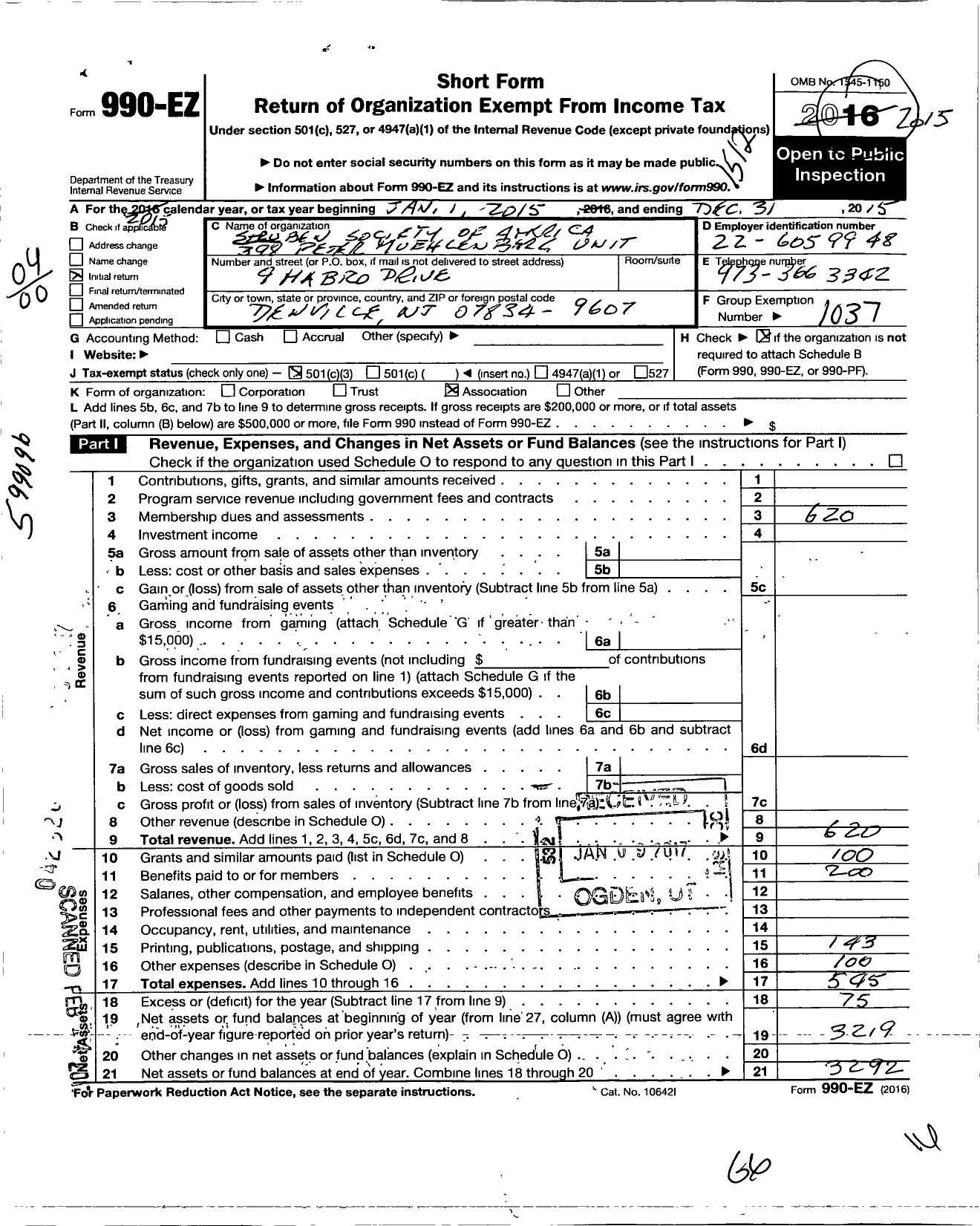 Image of first page of 2015 Form 990EZ for Steuben Society of America - 398 Peter Muehlenburg Unit