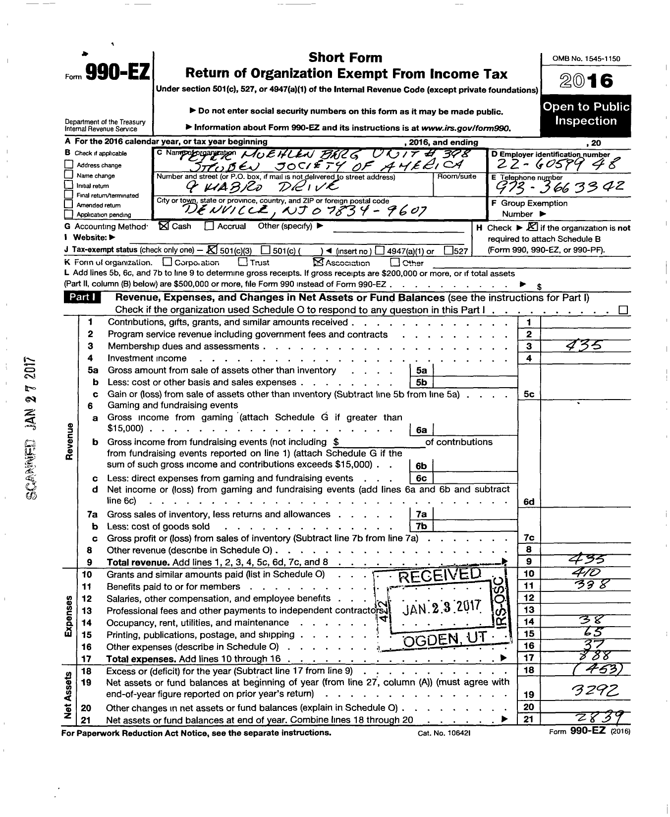 Image of first page of 2016 Form 990EZ for Steuben Society of America - 398 Peter Muehlenburg Unit