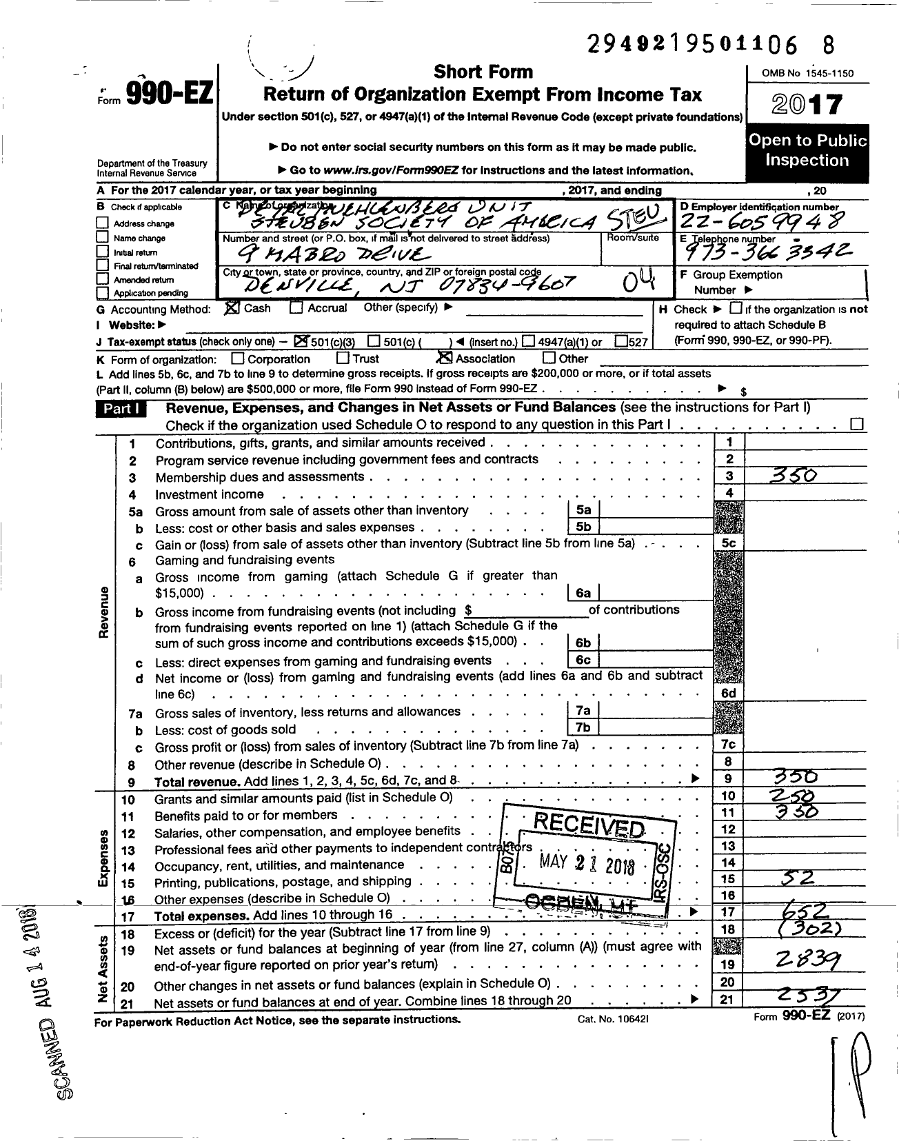 Image of first page of 2017 Form 990EO for Steuben Society of America - 398 Peter Muehlenburg Unit