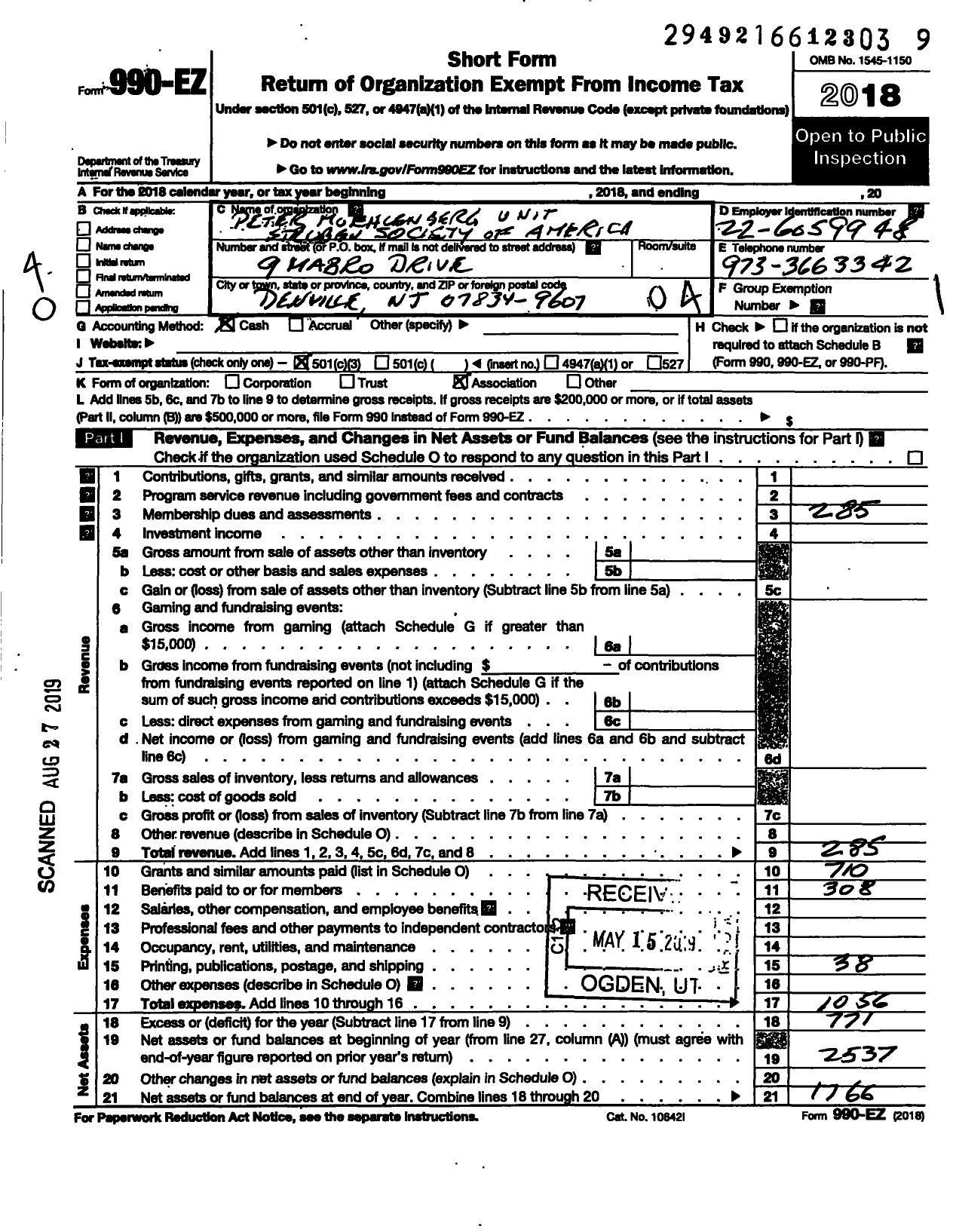 Image of first page of 2018 Form 990EO for Steuben Society of America - 398 Peter Muehlenburg Unit