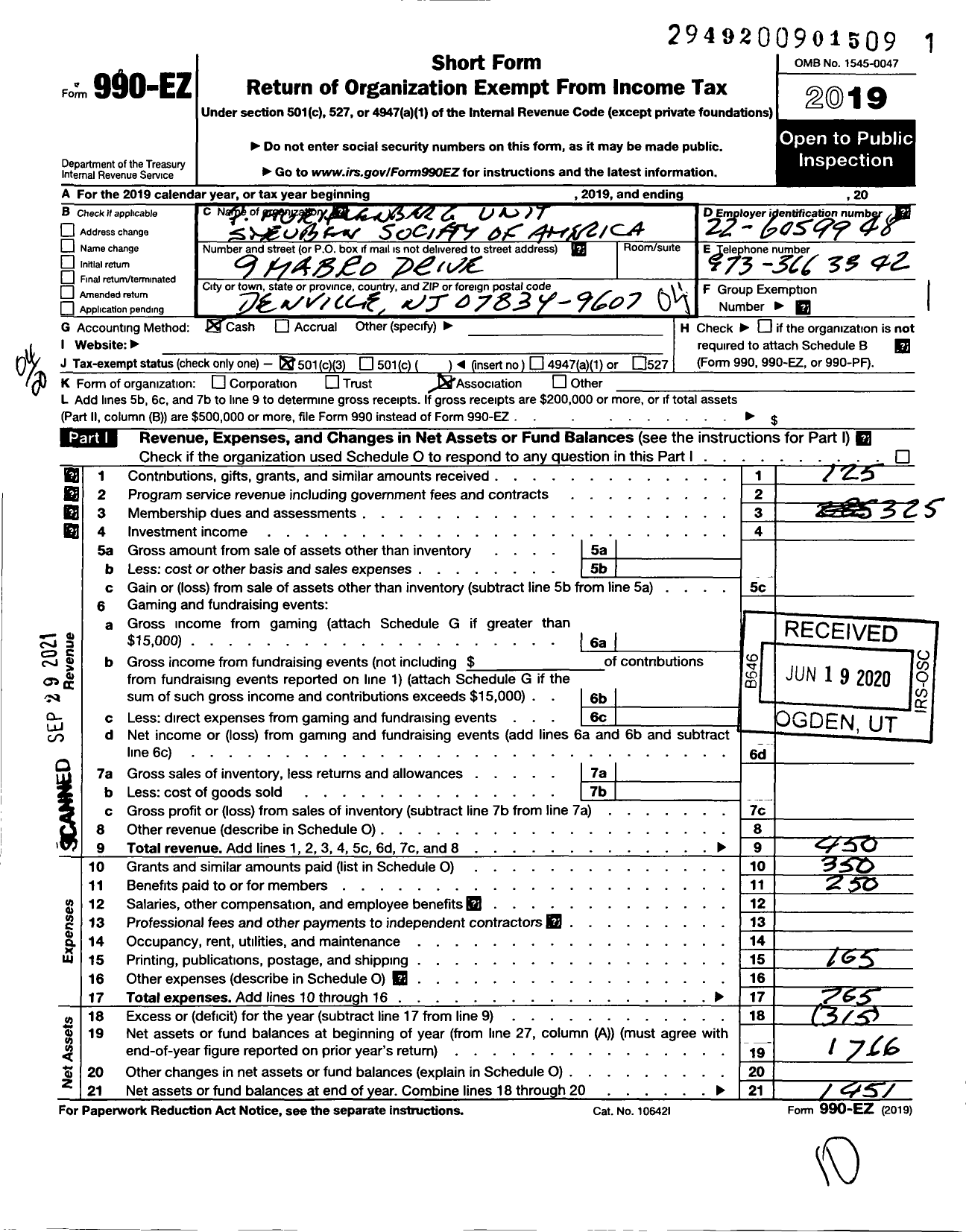 Image of first page of 2019 Form 990EO for Steuben Society of America - 398 Peter Muehlenburg Unit