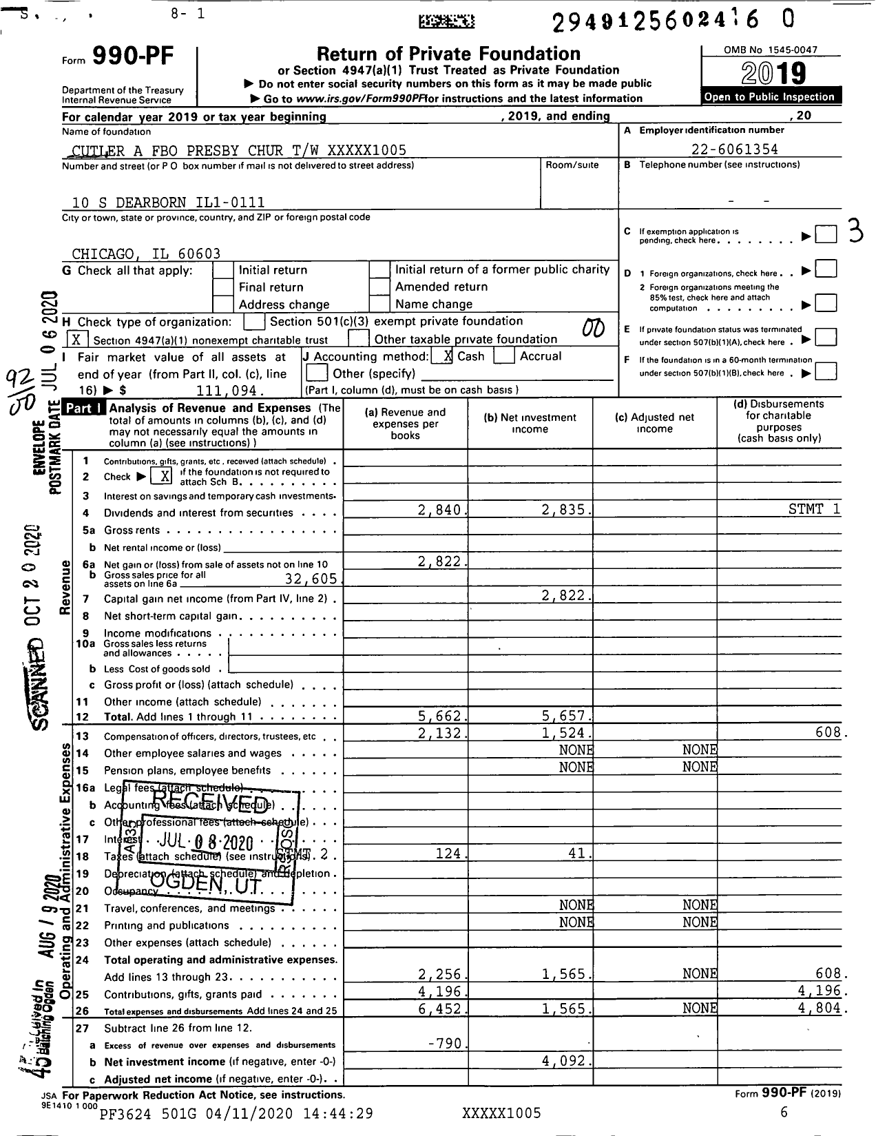 Image of first page of 2019 Form 990PR for Cutler A Fbo Presby Chur TW XXXXX1005