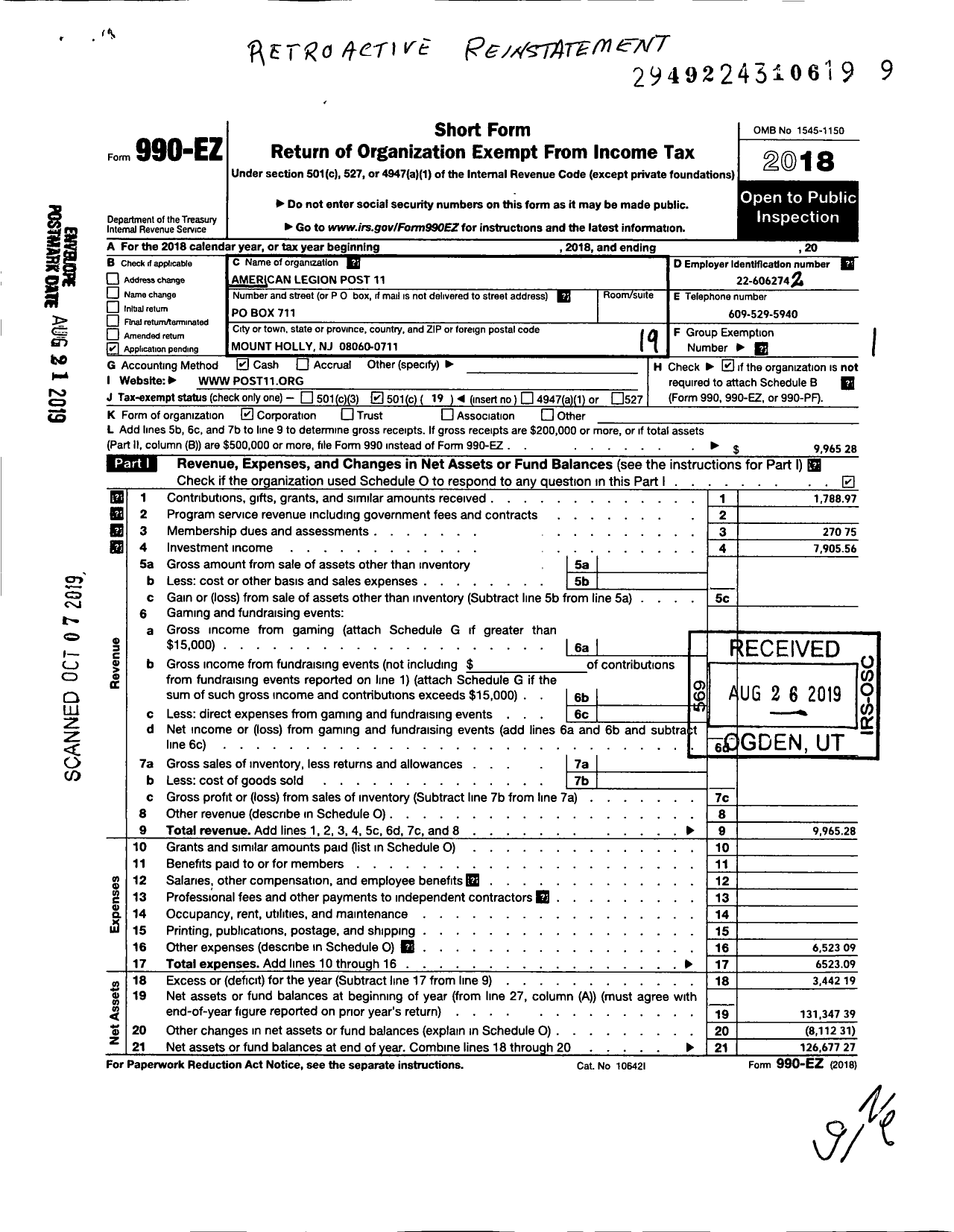 Image of first page of 2018 Form 990EO for American Legion Post 11