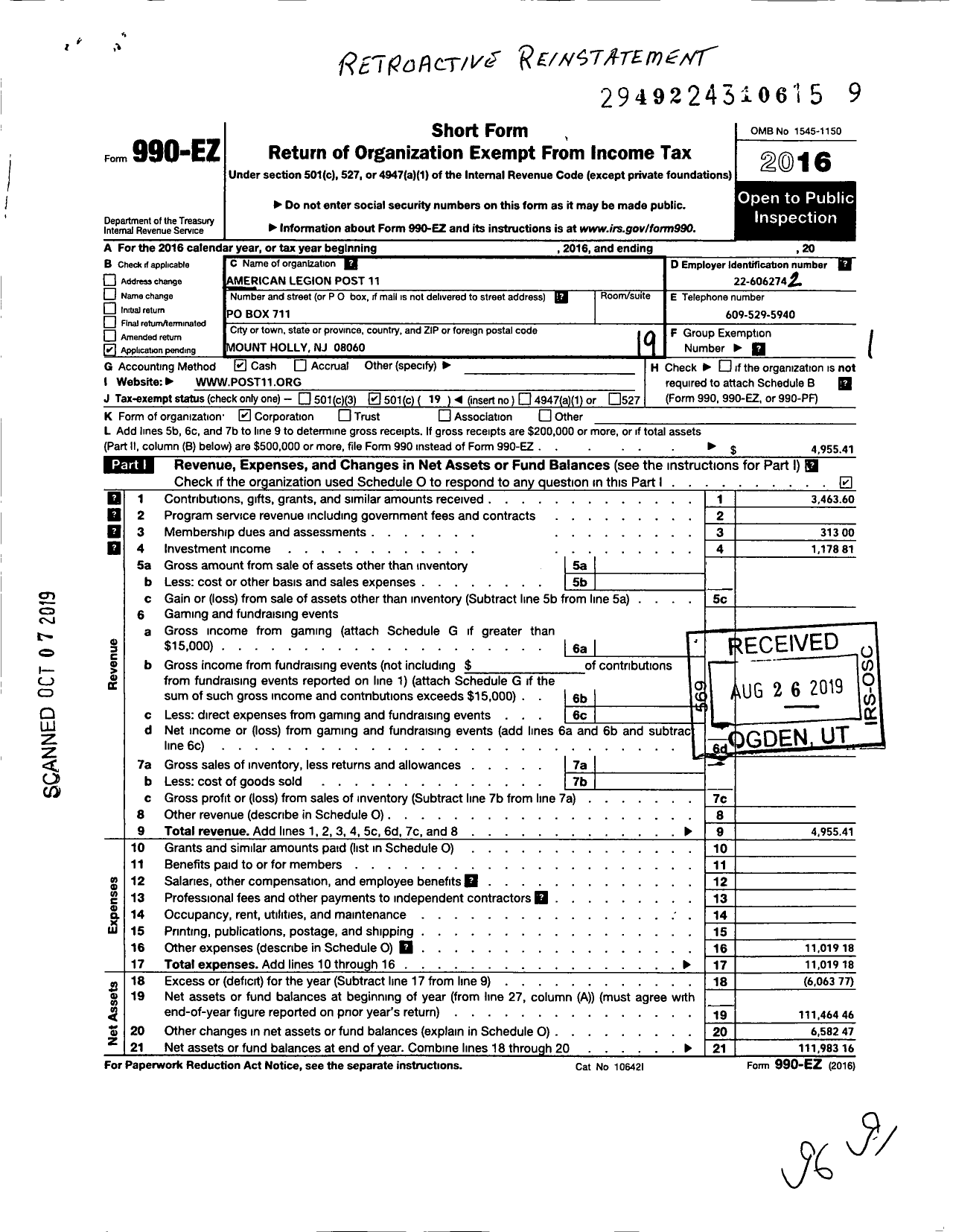 Image of first page of 2016 Form 990EO for American Legion Post 11