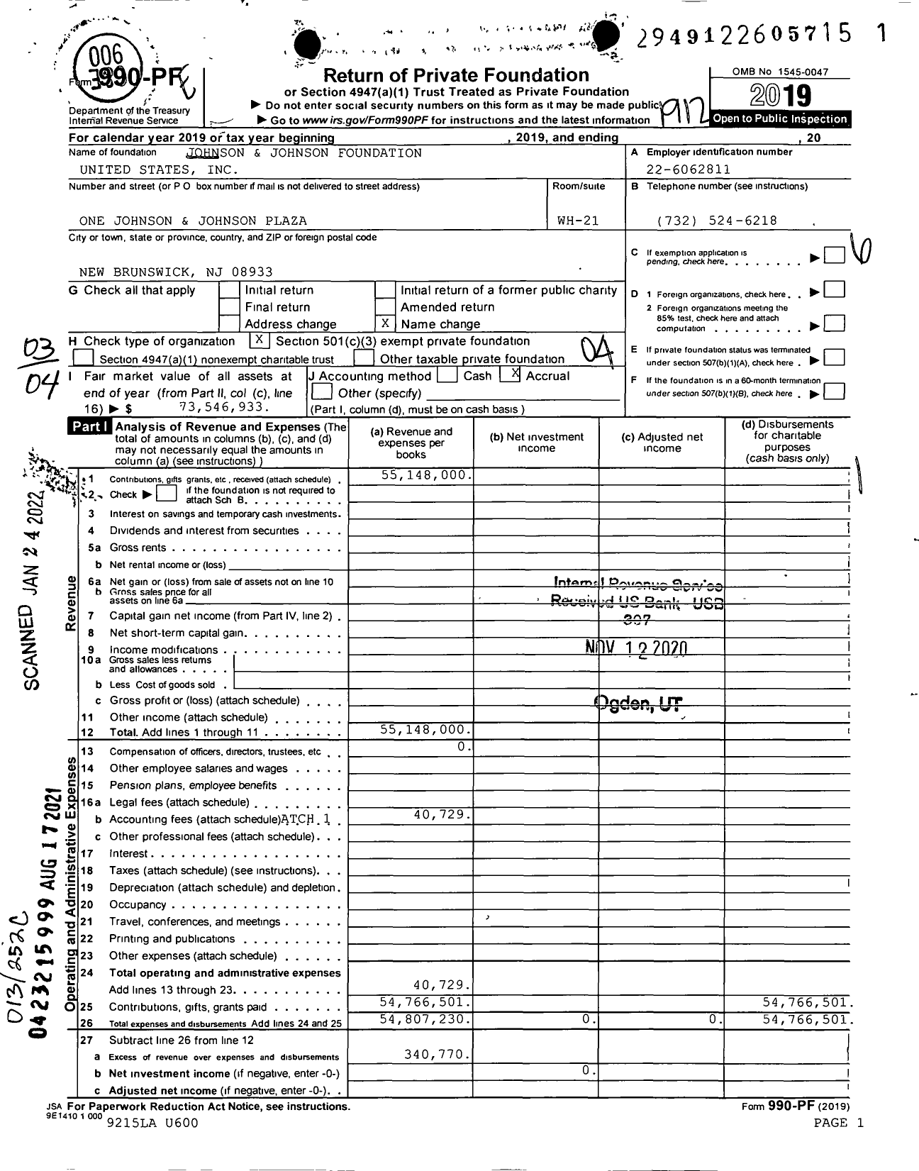 Image of first page of 2019 Form 990PF for Johnson and Johnson Foundation United States