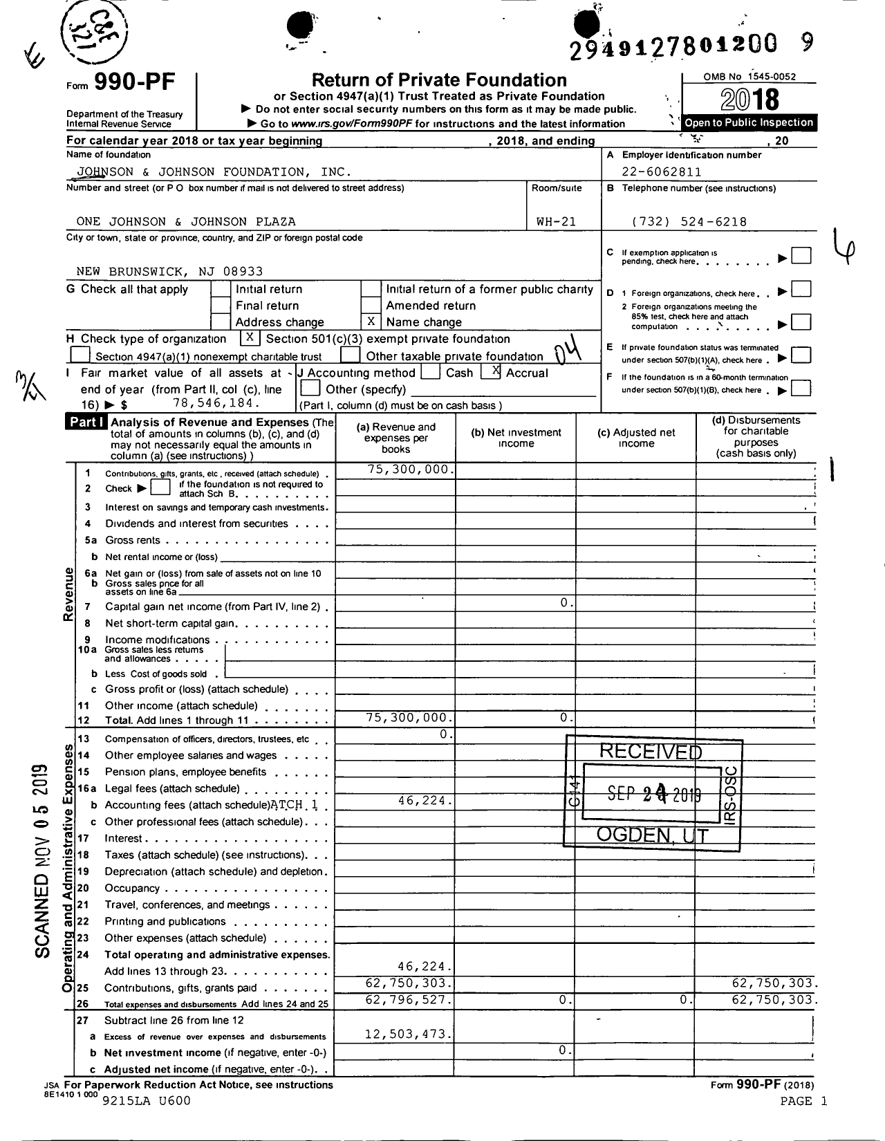 Image of first page of 2018 Form 990PF for Johnson and Johnson Foundation United States
