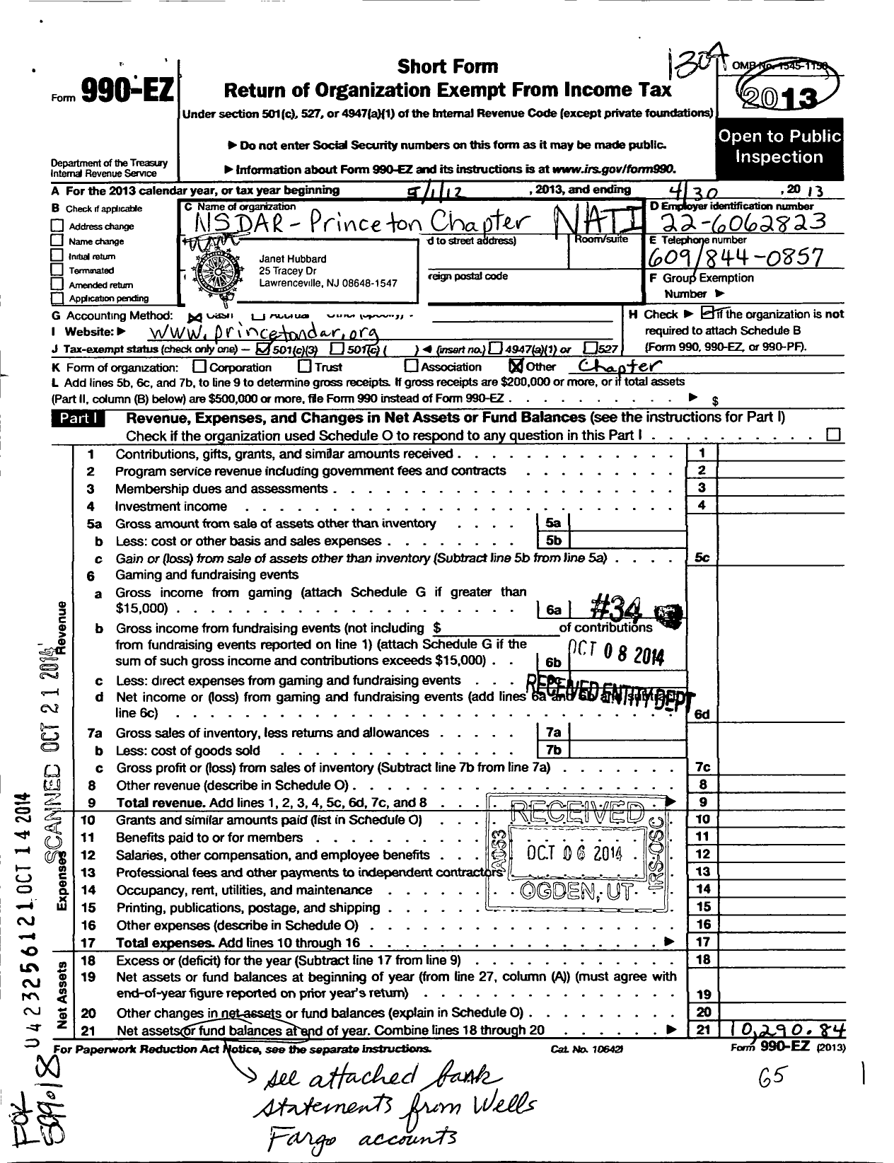 Image of first page of 2012 Form 990EZ for Daughters of the American Revolution - Princeton Dar