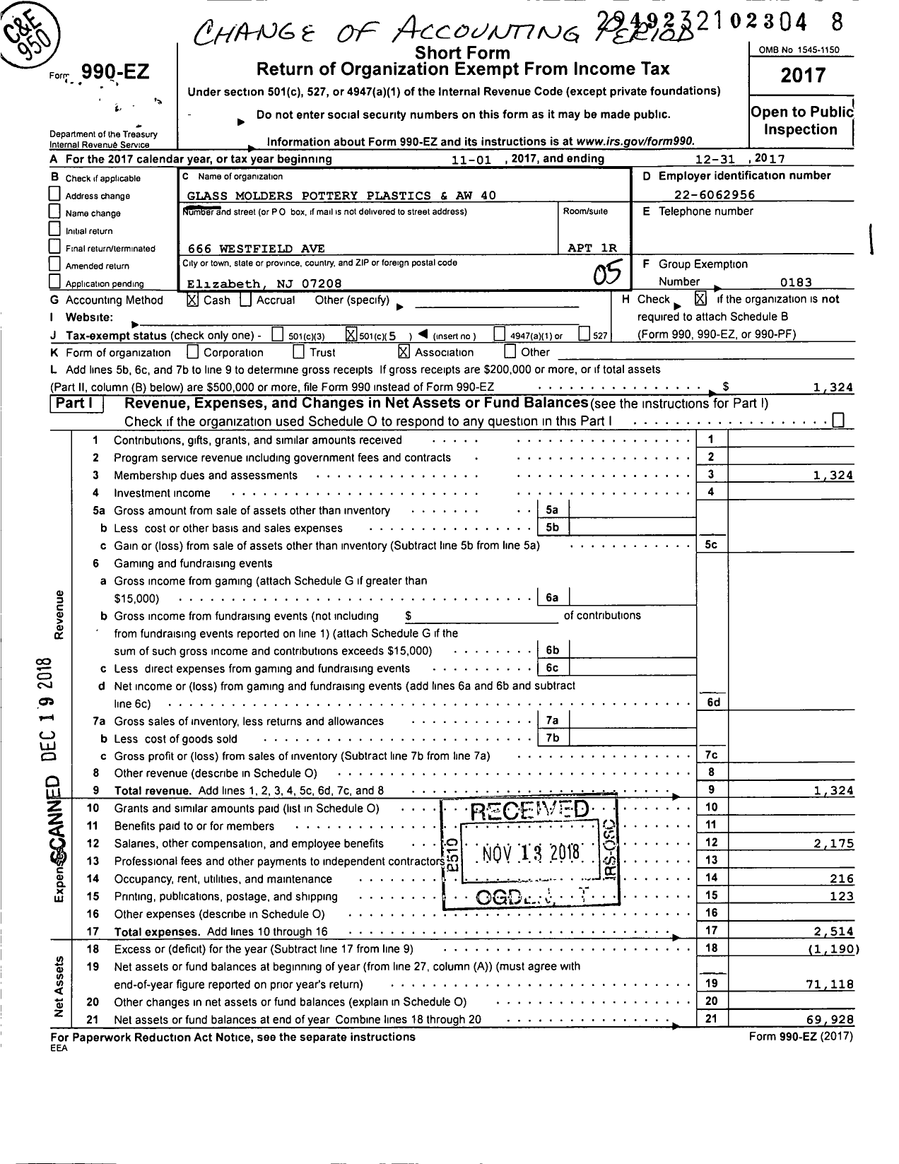 Image of first page of 2017 Form 990EO for United Steelworkers - 00040M Local