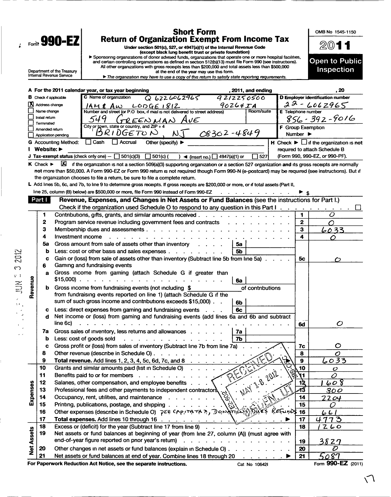 Image of first page of 2011 Form 990EO for International Association of Machinists and Aerospace Workers - 1812