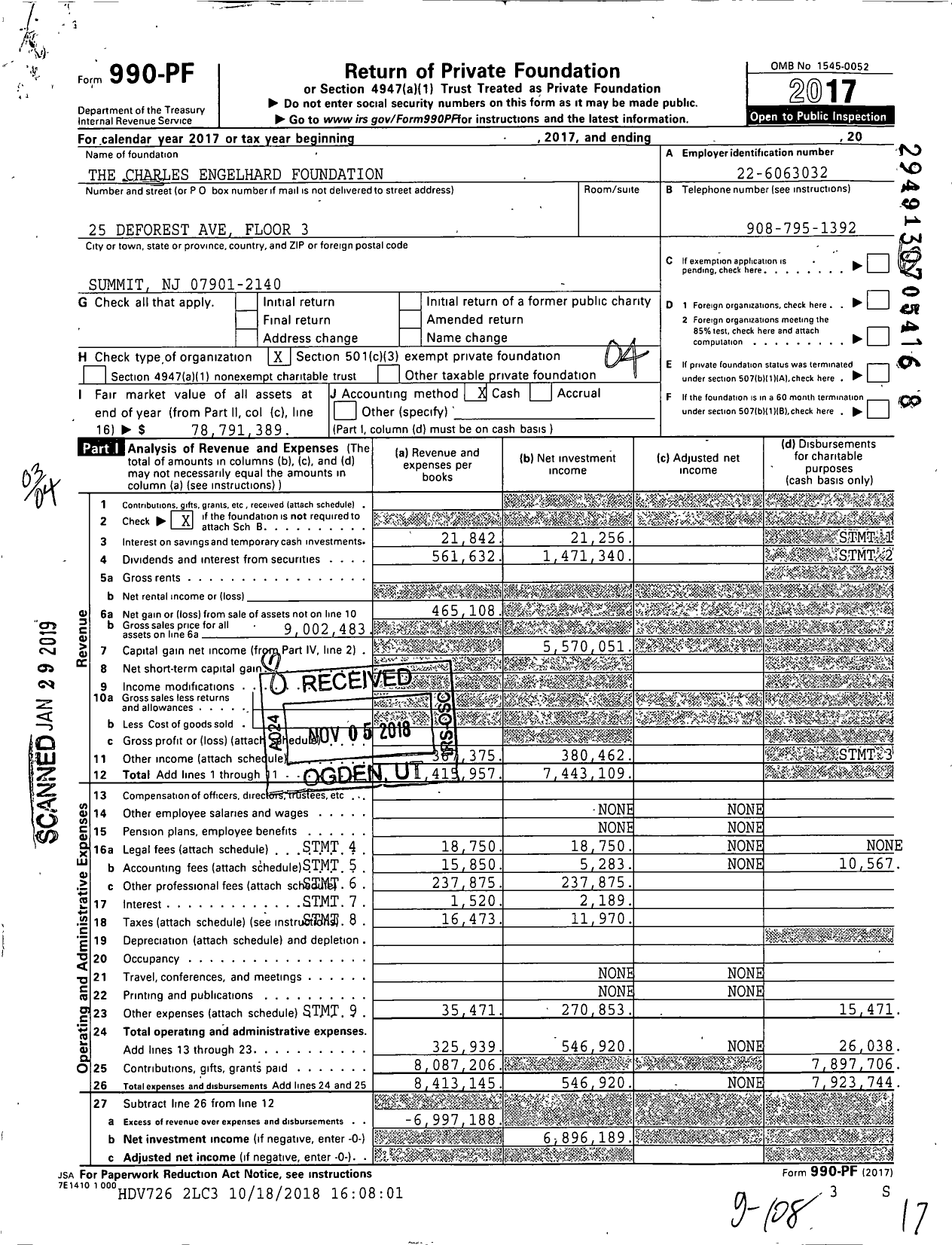 Image of first page of 2017 Form 990PF for The Charles Engelhard Foundation