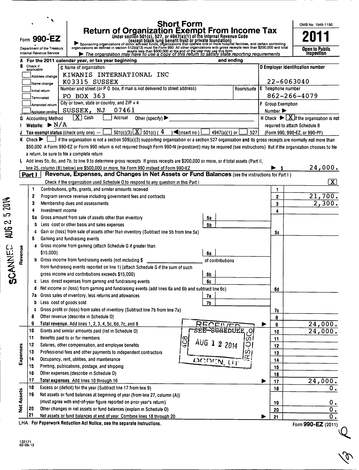 Image of first page of 2011 Form 990EO for Kiwanis International - K03315 Sussex