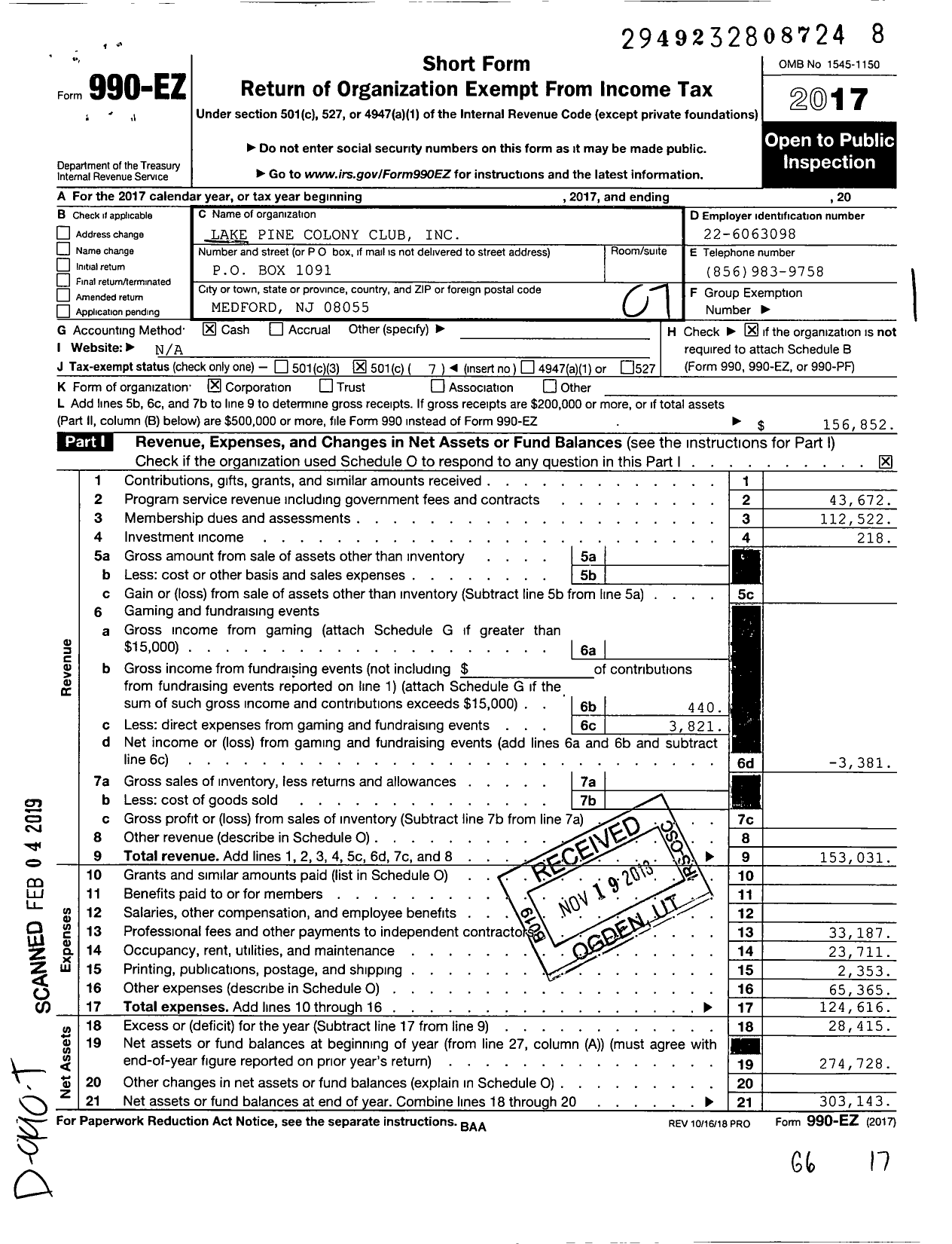 Image of first page of 2017 Form 990EO for Lake Pine Colony Club