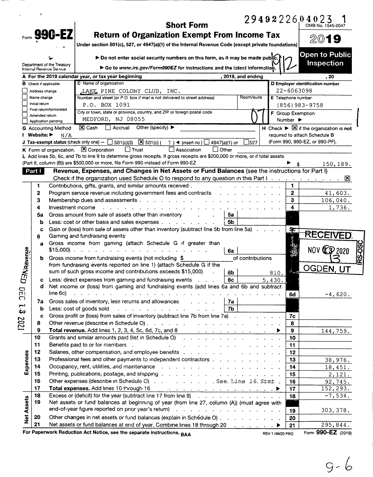 Image of first page of 2019 Form 990EO for Lake Pine Colony Club