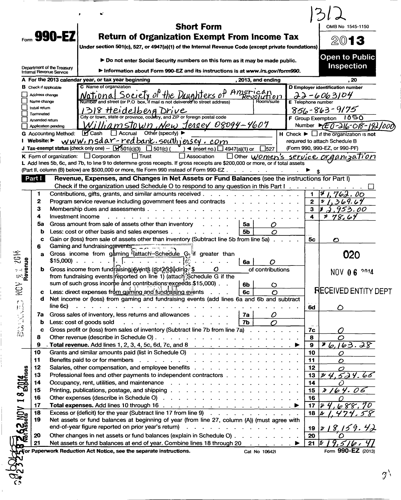 Image of first page of 2013 Form 990EZ for Daughters of the American Revolution - Red Bank Dar