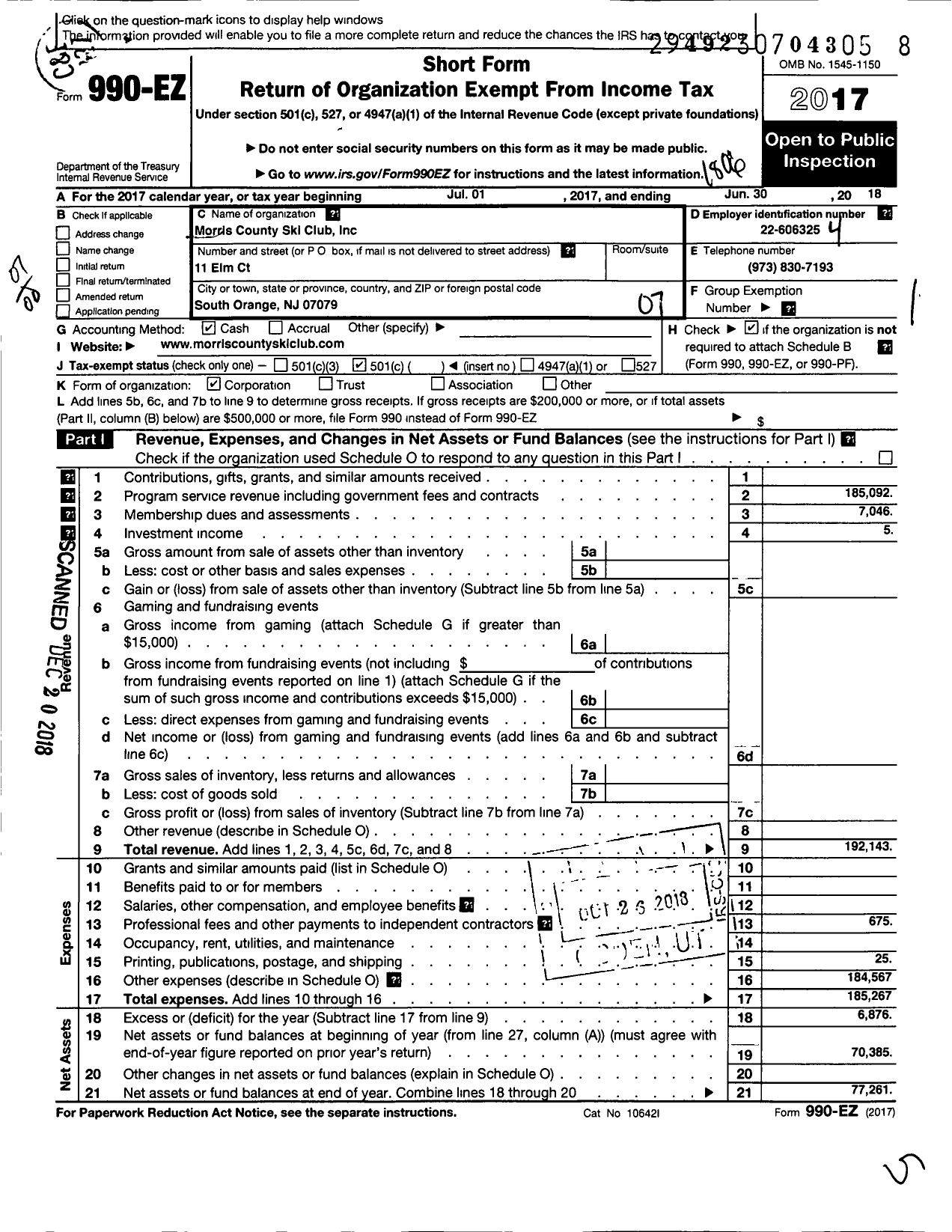 Image of first page of 2017 Form 990O for Morris County Ski Club