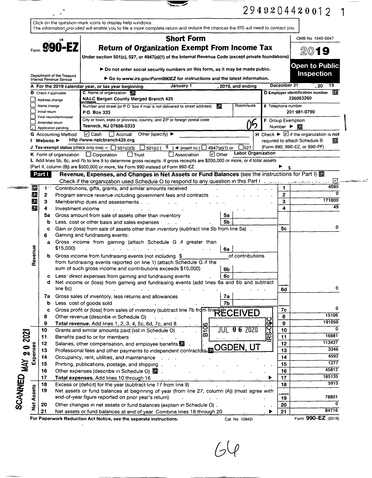 Image of first page of 2019 Form 990EO for National Association of Letter Carriers - 425 Bergen County Merged