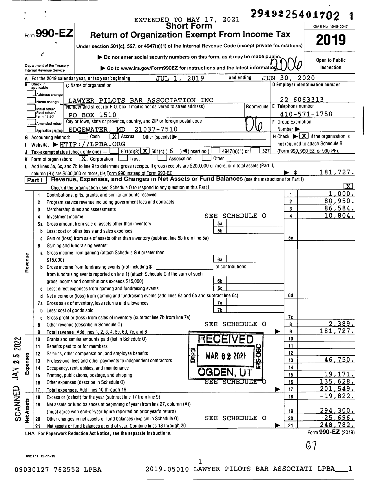 Image of first page of 2019 Form 990EO for Lawyer Pilots Bar Association