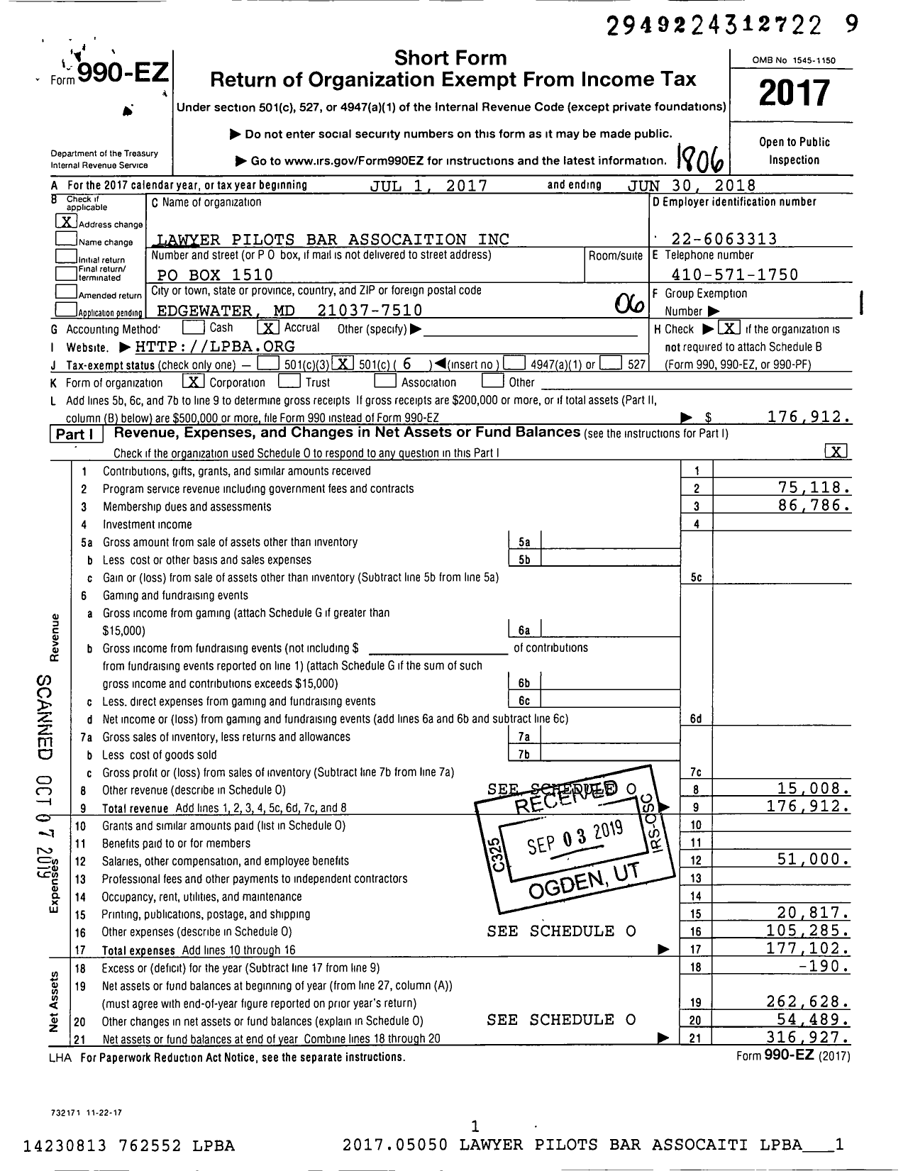 Image of first page of 2017 Form 990EO for Lawyer Pilots Bar Association