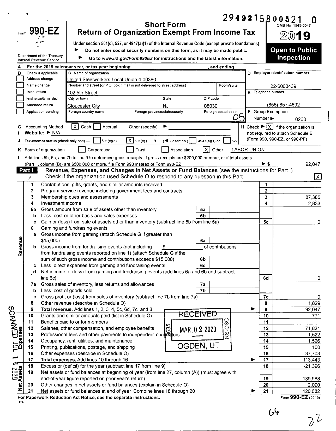 Image of first page of 2019 Form 990EO for United Steelworkers - 4-00380 Local