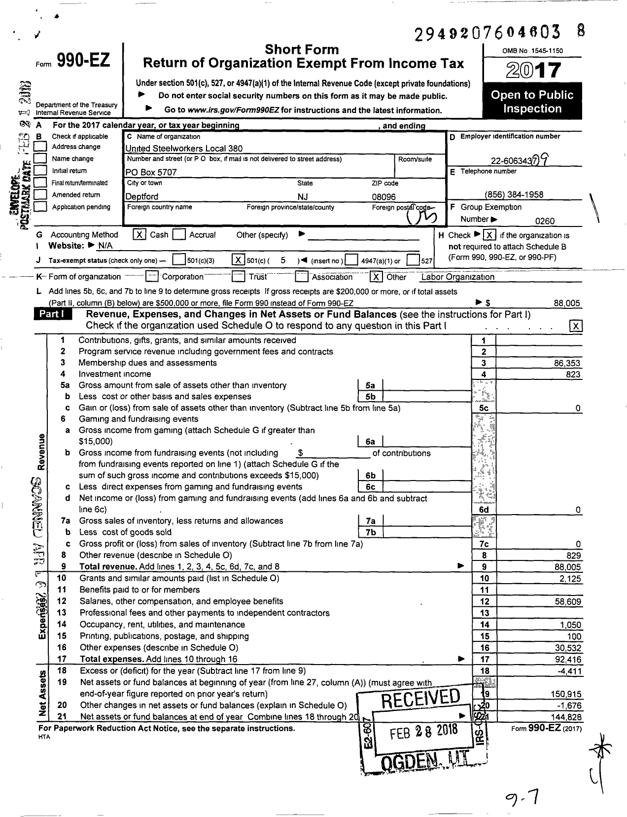Image of first page of 2017 Form 990EO for United Steelworkers - 4-00380 Local