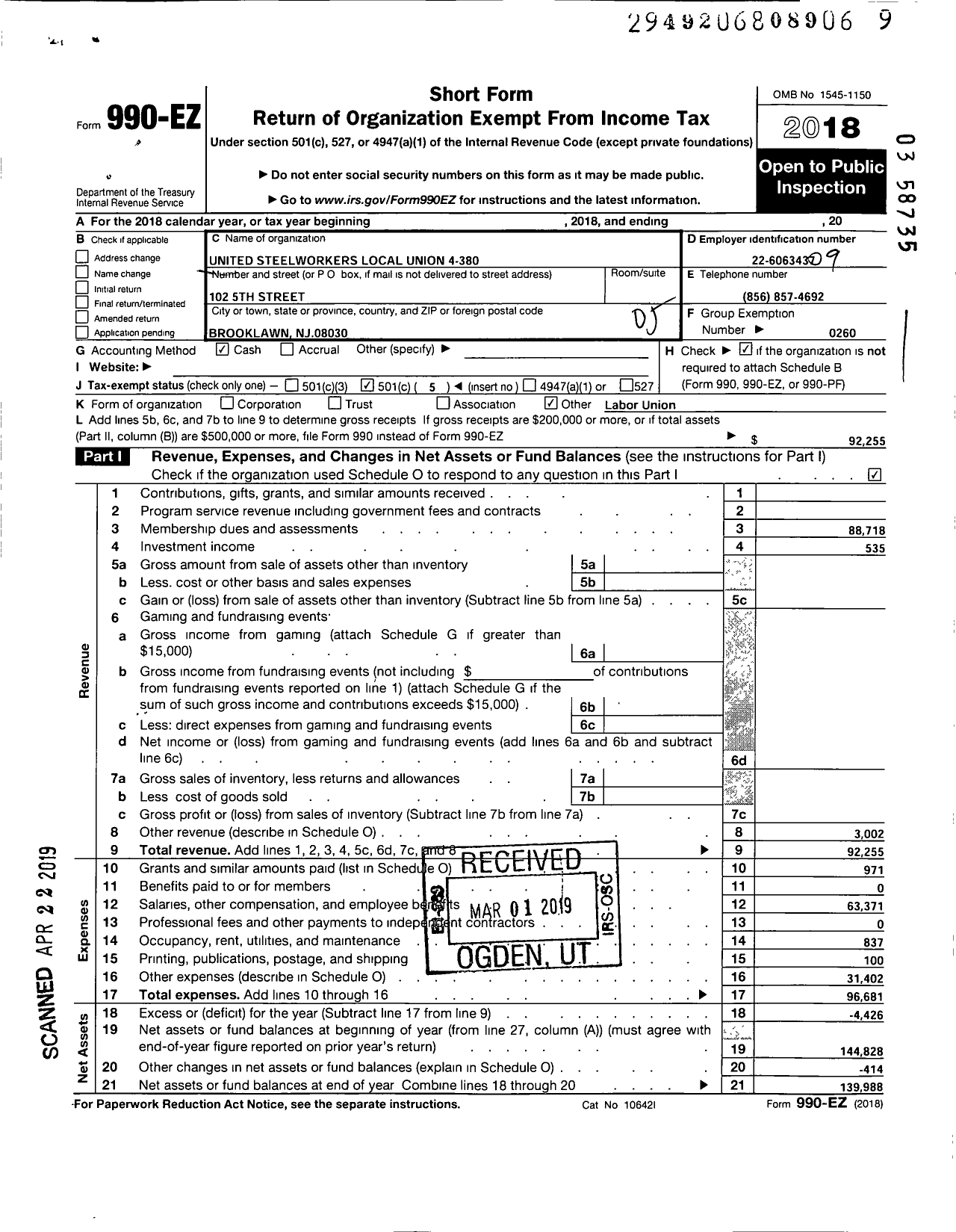 Image of first page of 2018 Form 990EO for United Steelworkers - 4-00380 Local