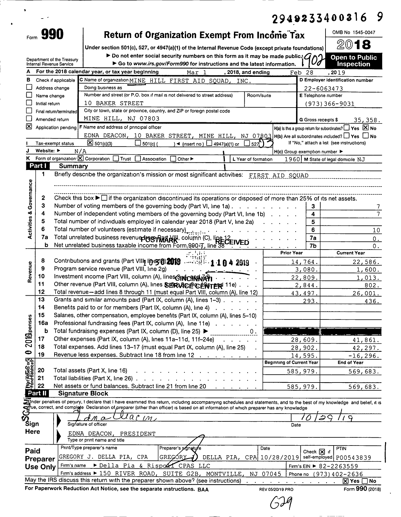 Image of first page of 2018 Form 990 for Mine Hill First Aid Squad