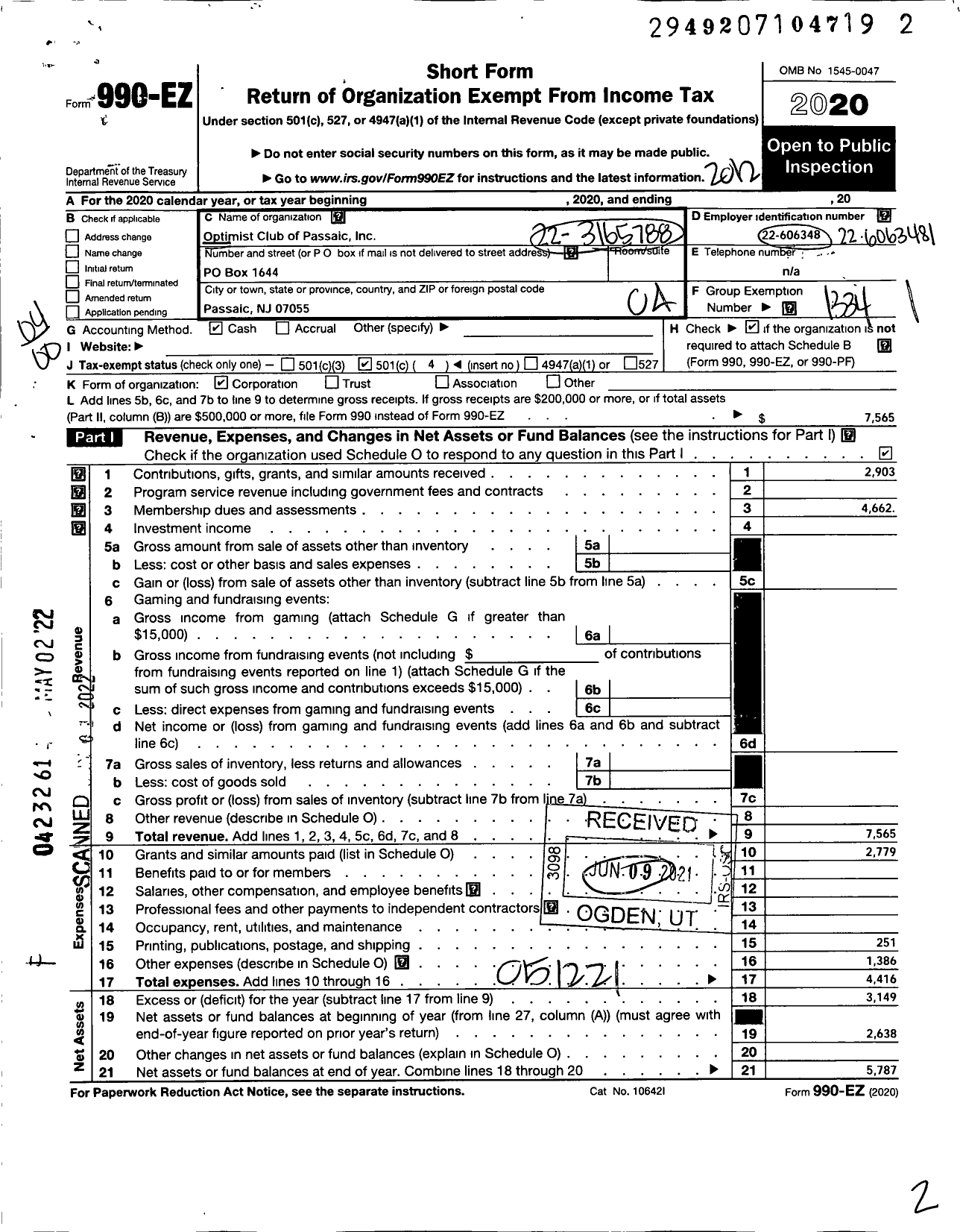 Image of first page of 2020 Form 990EO for Optimist International - 27105 Oc of Passaic NJ