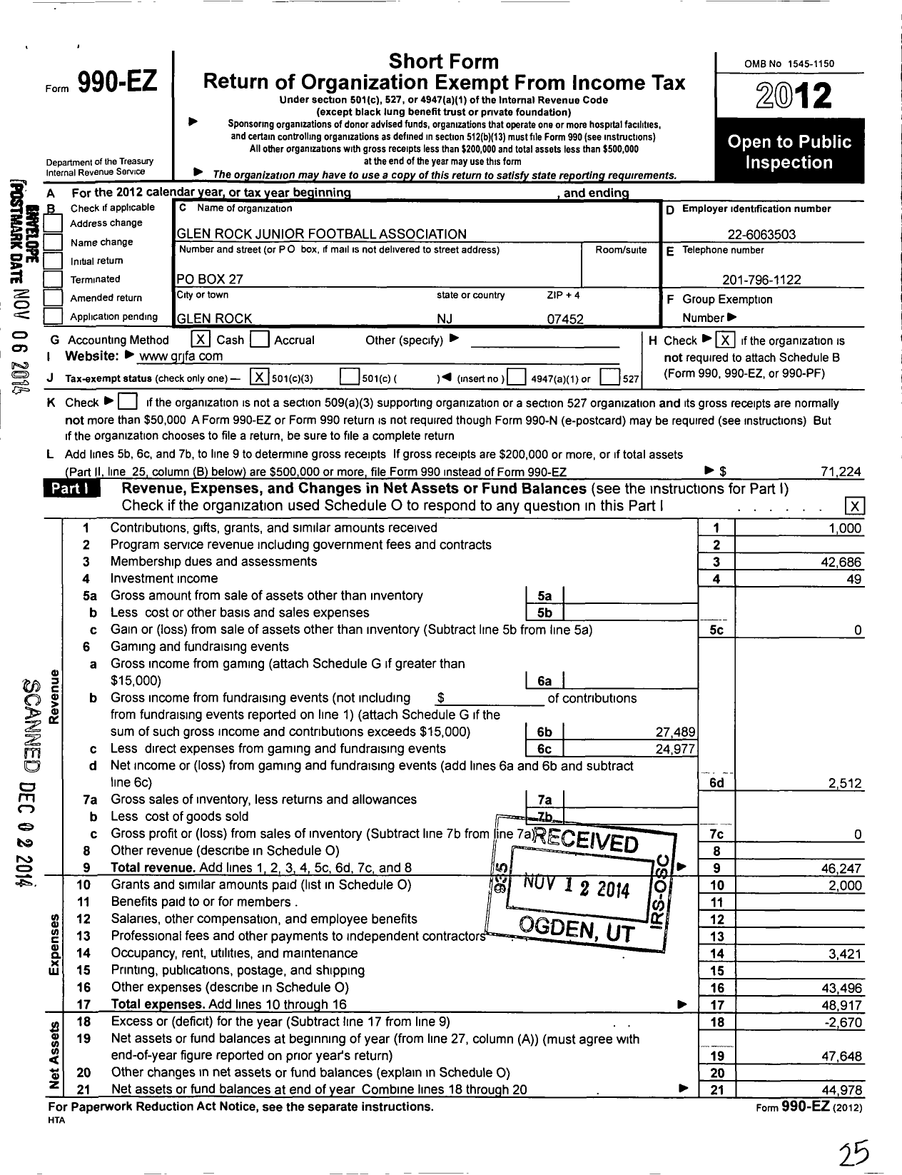 Image of first page of 2012 Form 990EZ for Glen Rock Junior Football Association