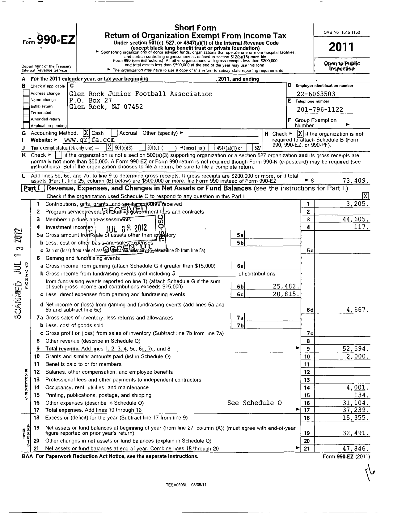 Image of first page of 2011 Form 990EZ for Glen Rock Junior Football Association