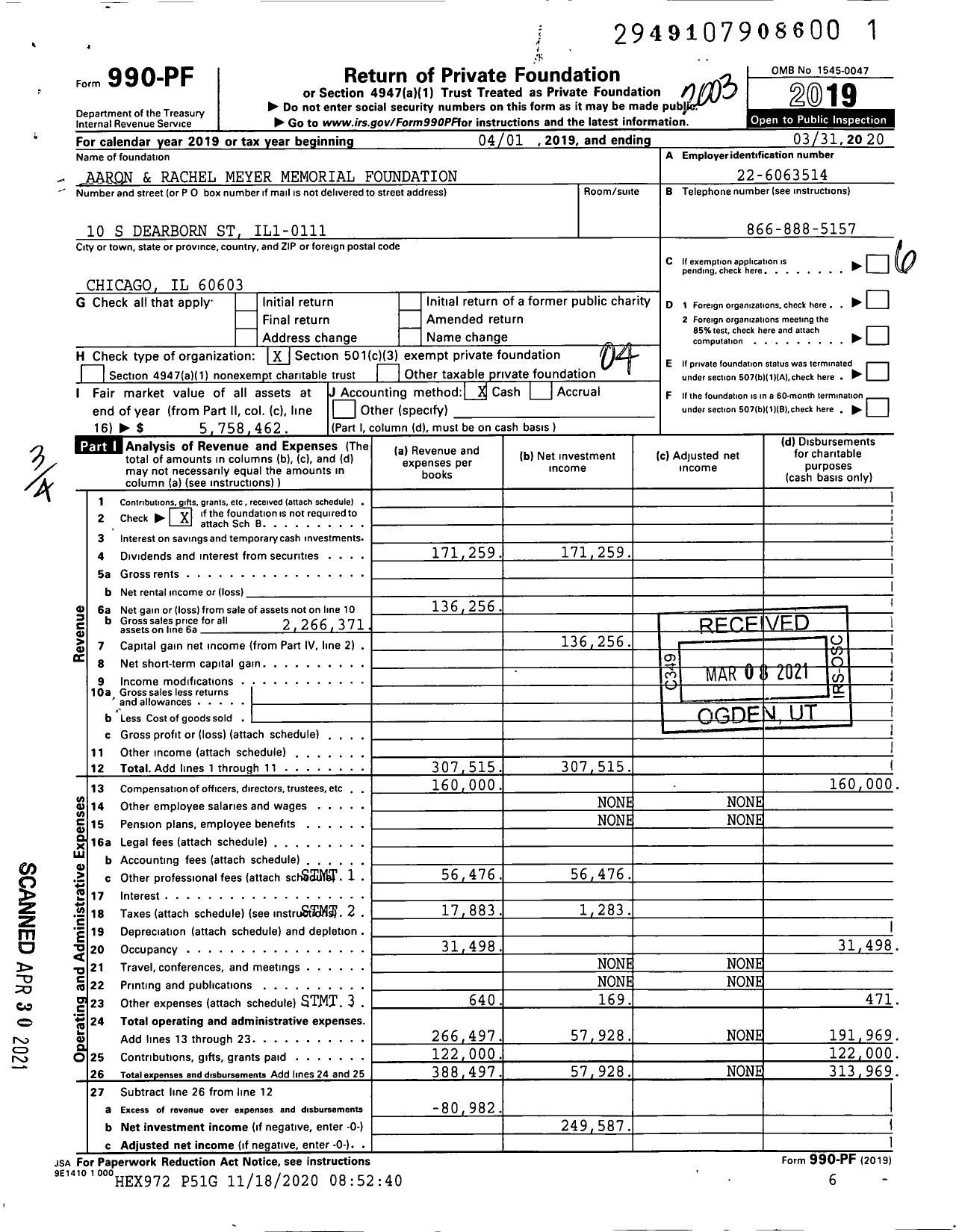 Image of first page of 2019 Form 990PF for Aaron and Rachel Meyer Memorial Foundation