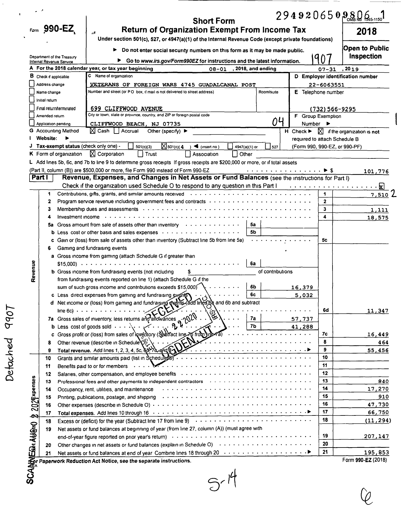Image of first page of 2018 Form 990EO for Department of New Jersey VFW - 4745 Guadalcanal Post