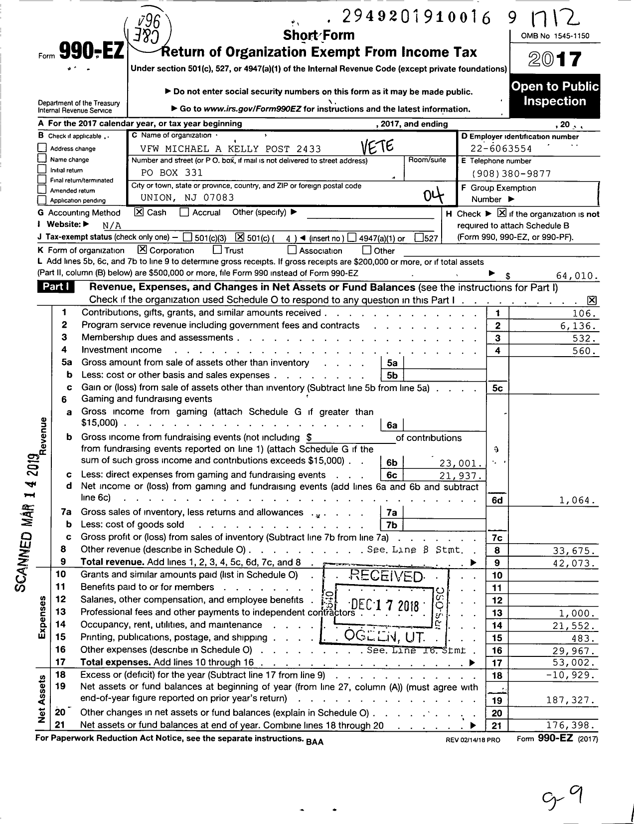 Image of first page of 2017 Form 990EO for Department of New Jersey VFW - 2433 Michael A Kelly Post