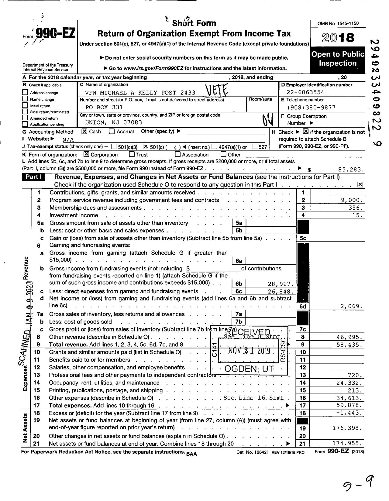 Image of first page of 2018 Form 990EO for Department of New Jersey VFW - 2433 Michael A Kelly Post