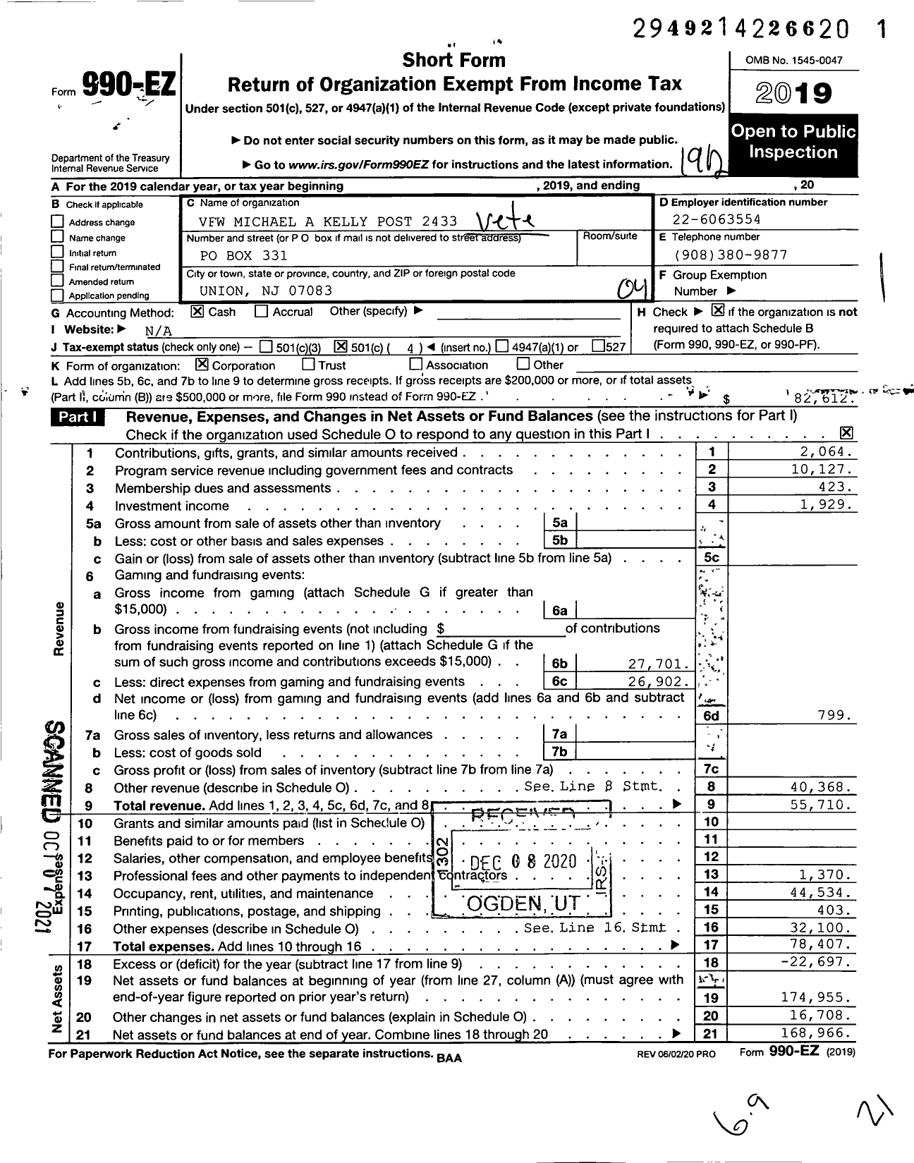 Image of first page of 2019 Form 990EO for Department of New Jersey VFW - 2433 Michael A Kelly Post