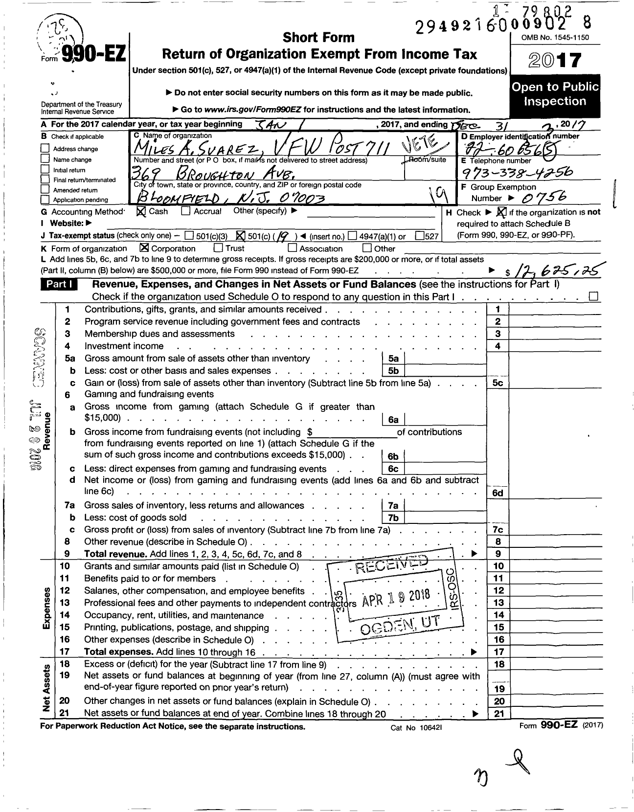 Image of first page of 2017 Form 990EO for Department of New Jersey VFW - 711 Miles A Suarez Post