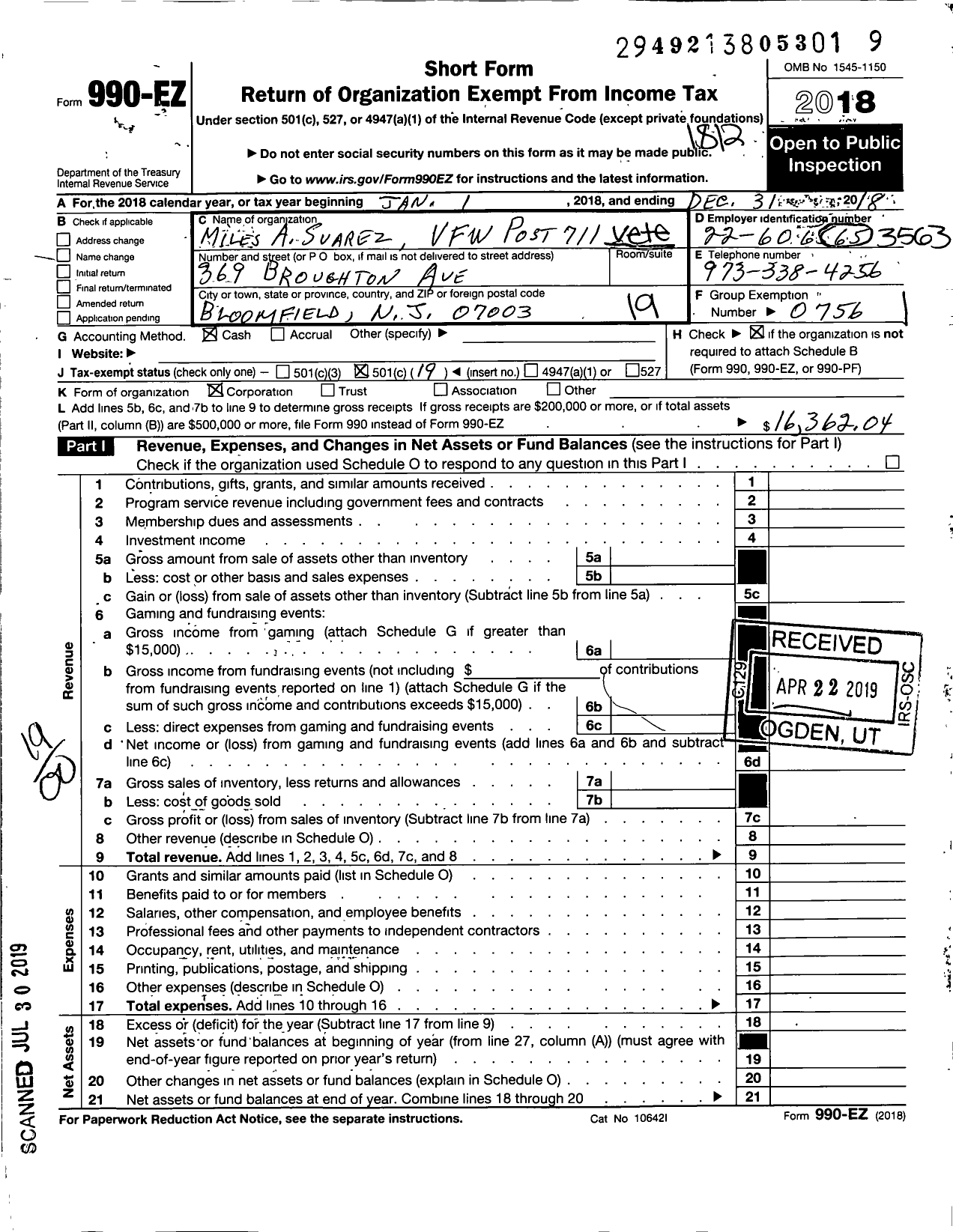 Image of first page of 2018 Form 990EO for Department of New Jersey VFW - 711 Miles A Suarez Post