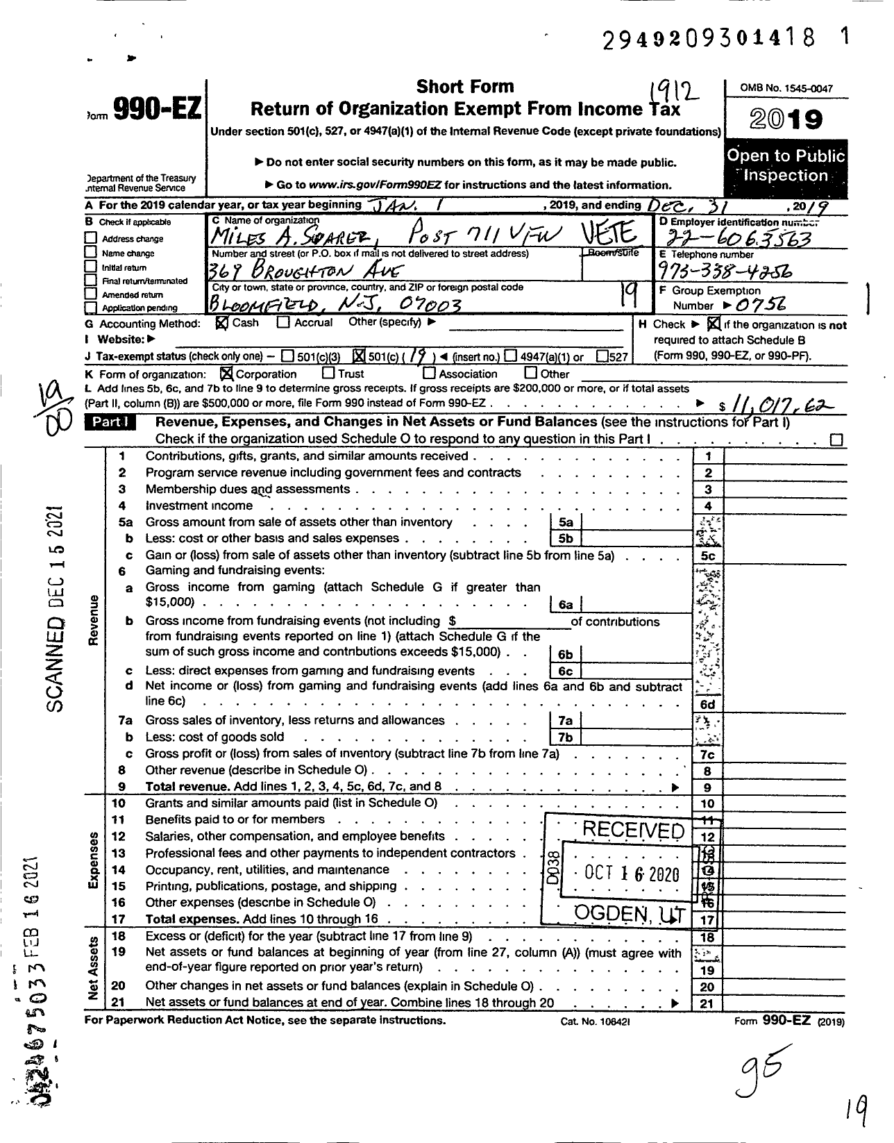 Image of first page of 2019 Form 990EO for Department of New Jersey VFW - 711 Miles A Suarez Post