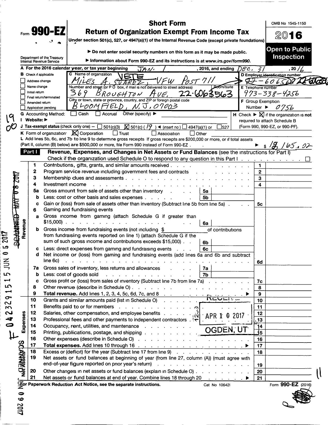 Image of first page of 2016 Form 990EO for Department of New Jersey VFW - 711 Miles A Suarez Post