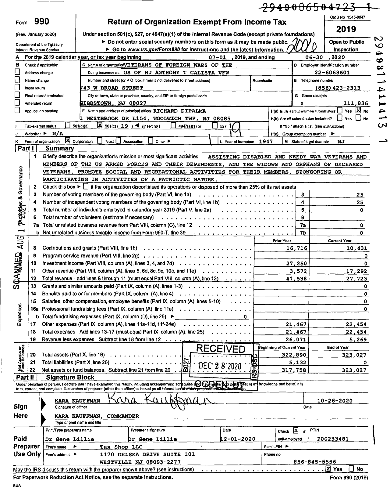 Image of first page of 2019 Form 990O for Department of New Jersey VFW - Us of NJ Anthony T Calista VFW