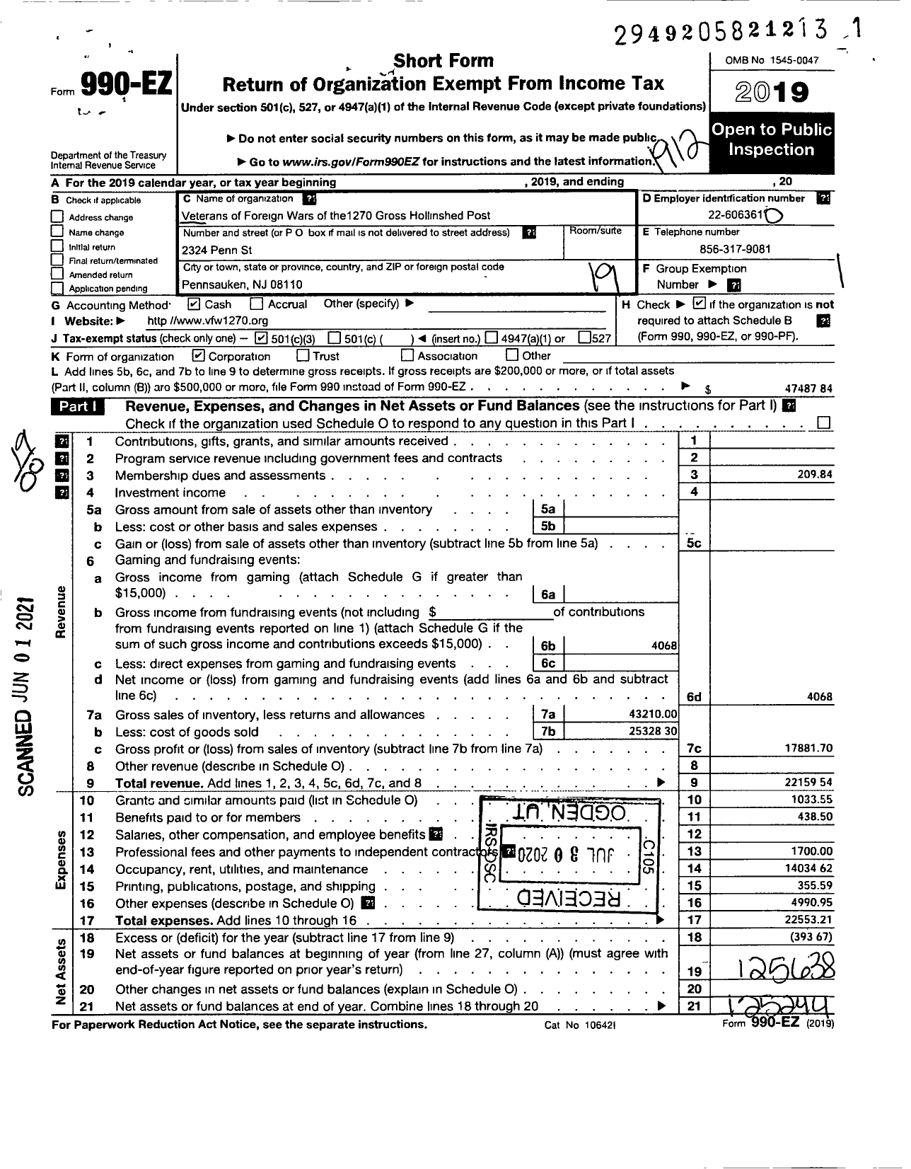 Image of first page of 2019 Form 990EO for Department of New Jersey VFW - 1270 Gross Hollinshed Post